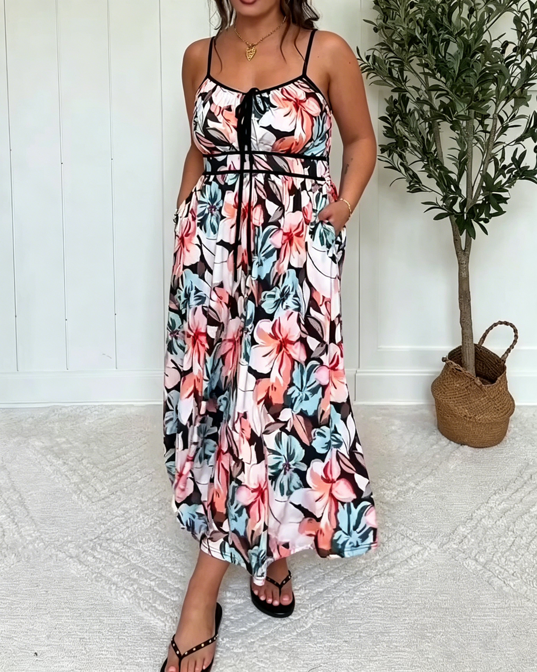 Women's Tropical Floral Tie Front Waist Pockets Spaghetti Strap Casual Maxi Dress
