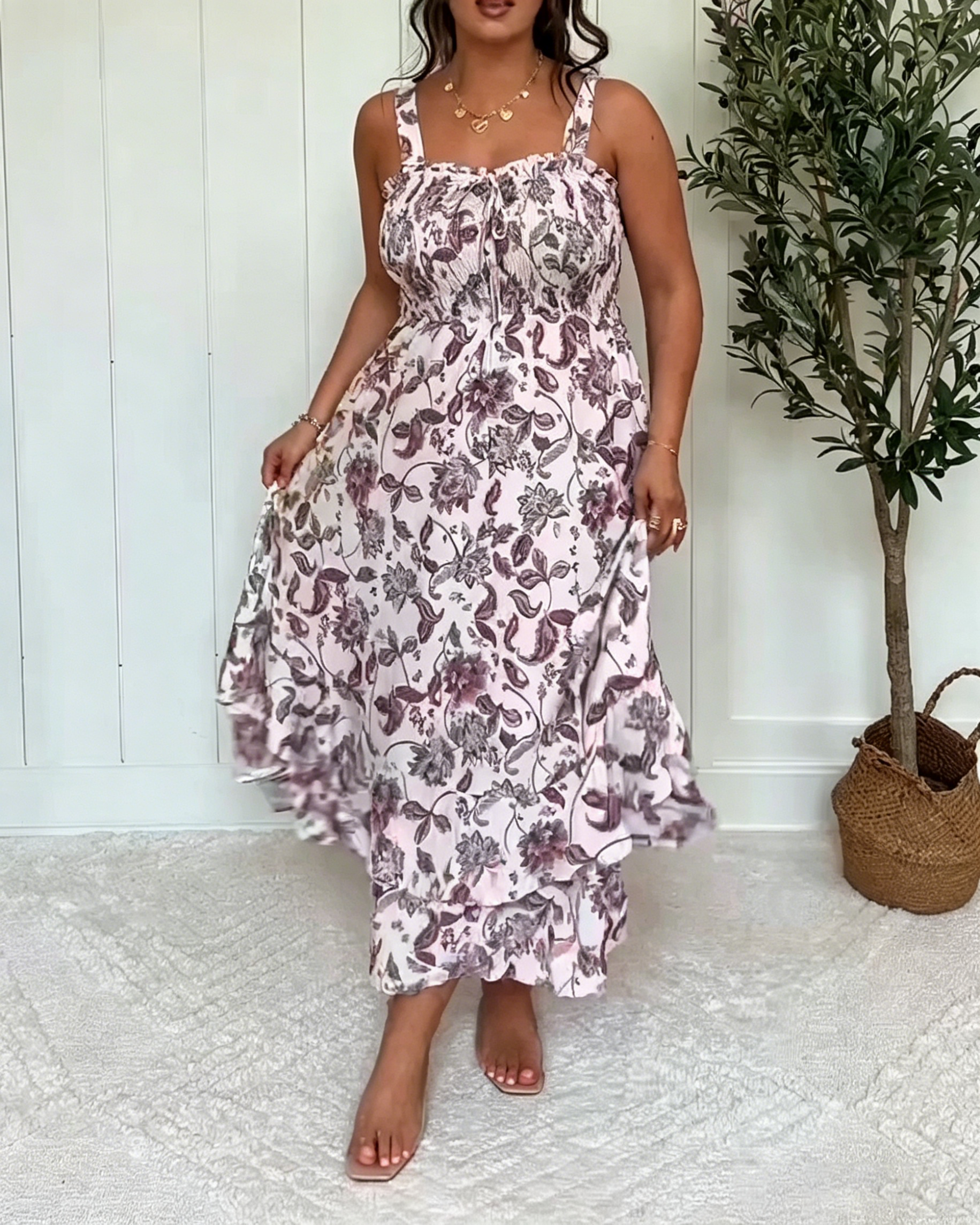 Women's Smocked Bust Floral Spaghetti Strap Ruffled Tiered Flowy Maxi Dress