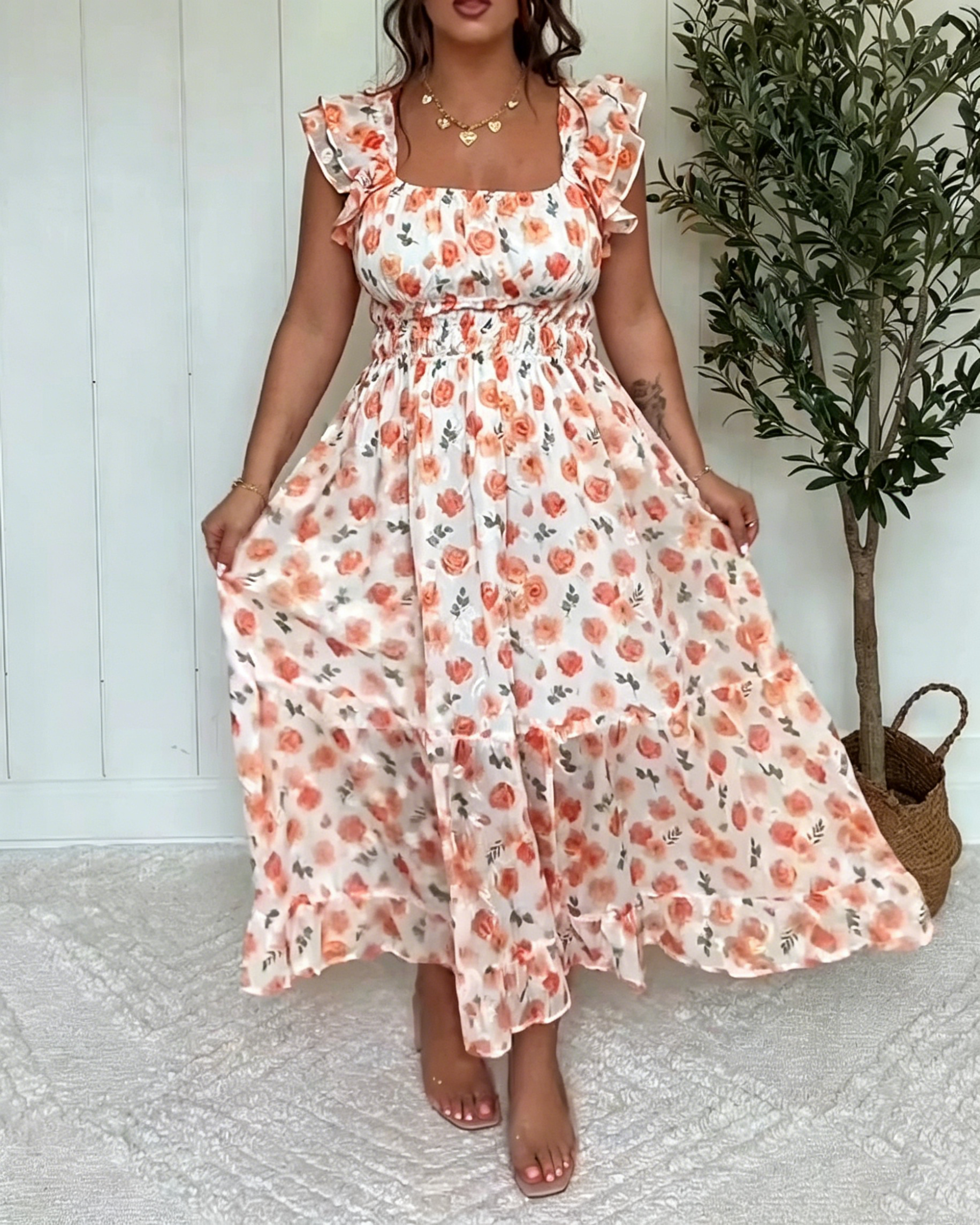 Women's Square Neck Flutter Sleeve Elastic Waist Rose Print Tiered Swing Maxi Dress