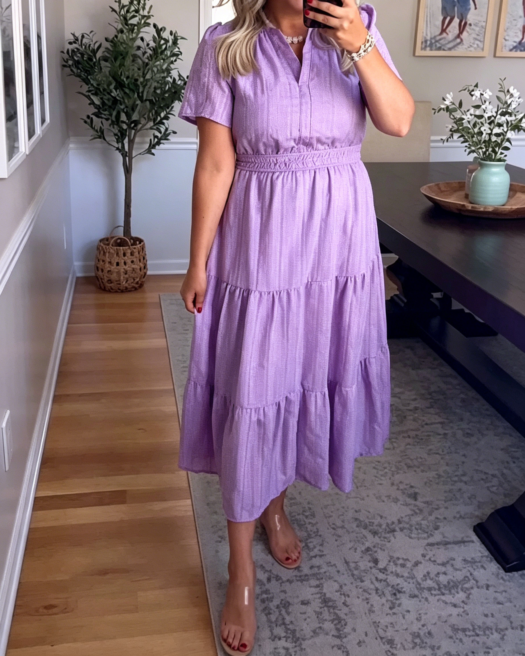 Women's Split V Neck Short Sleeve Textured Smocked Waist Tiered Midi Dress
