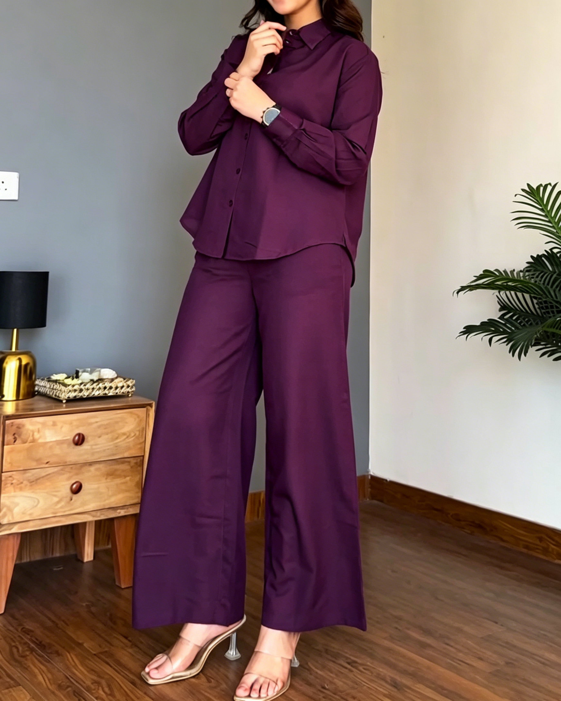 Women's Long Sleeve Button Down Shirt & High Waist Wide Leg Trouser Set, Minimalist Loose Fit Office Casual Two Piece Outfit Set