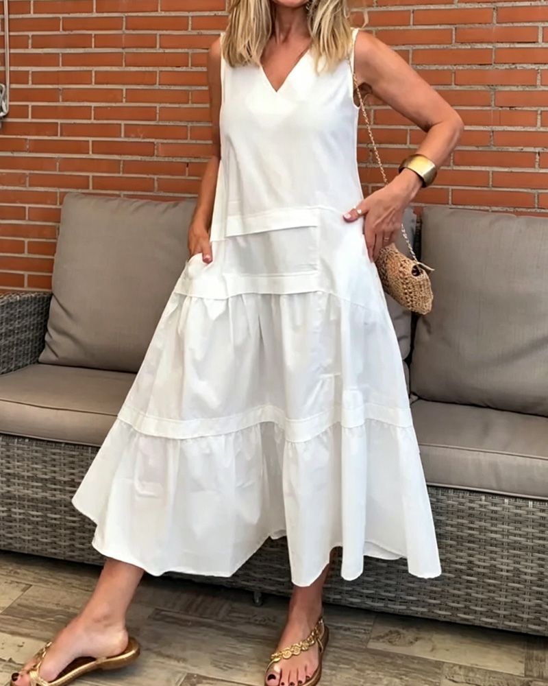 Women's V-Neck Sleeveless Solid Color Dress