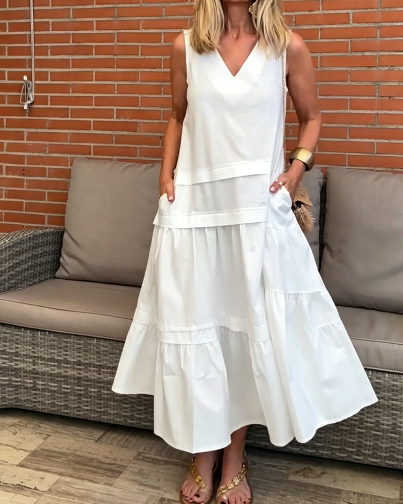 Women's V-Neck Sleeveless Solid Color Dress