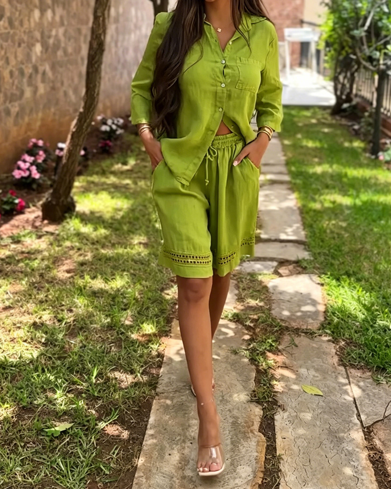 Women's Solid Color Long-Sleeved Shirt And Shorts Two-Piece Set