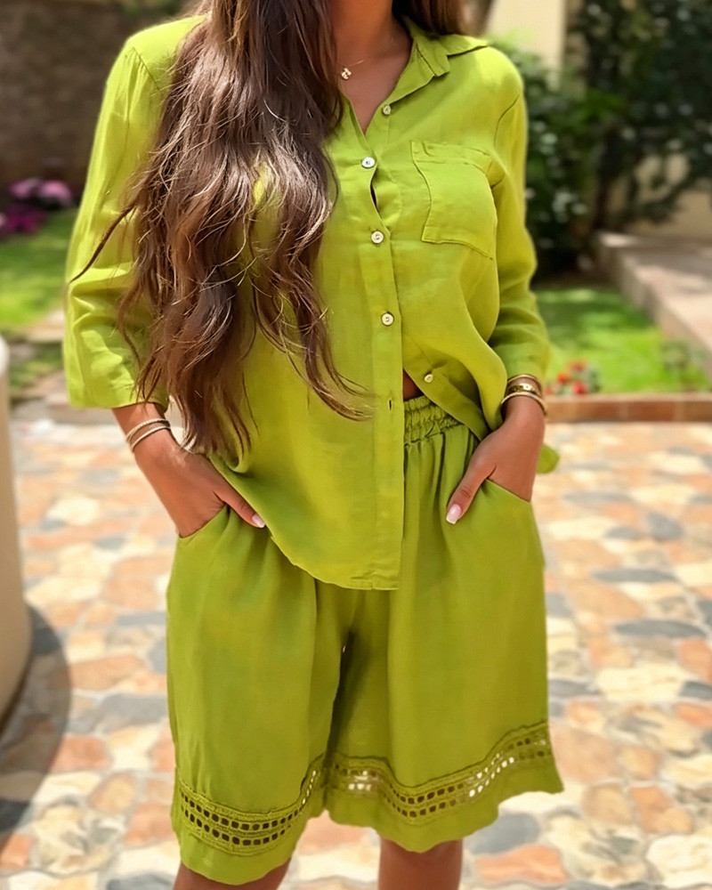 Women's Solid Color Long-Sleeved Shirt And Shorts Two-Piece Set
