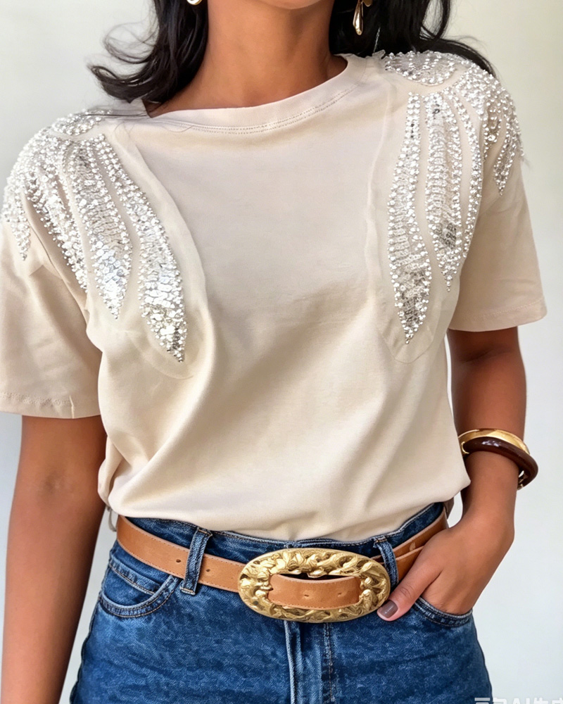 Ladies Sequin Pattern Short-Sleeved Shirt