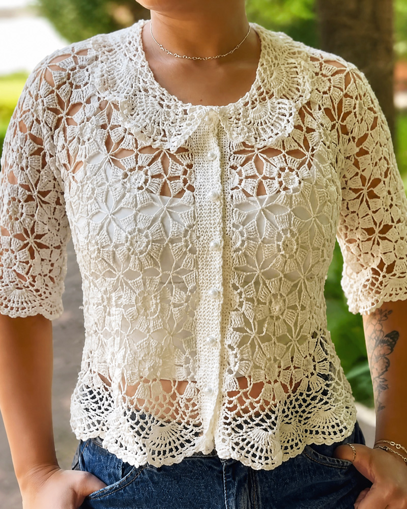 Women's Knitted Lace Openwork Button Cover-Up