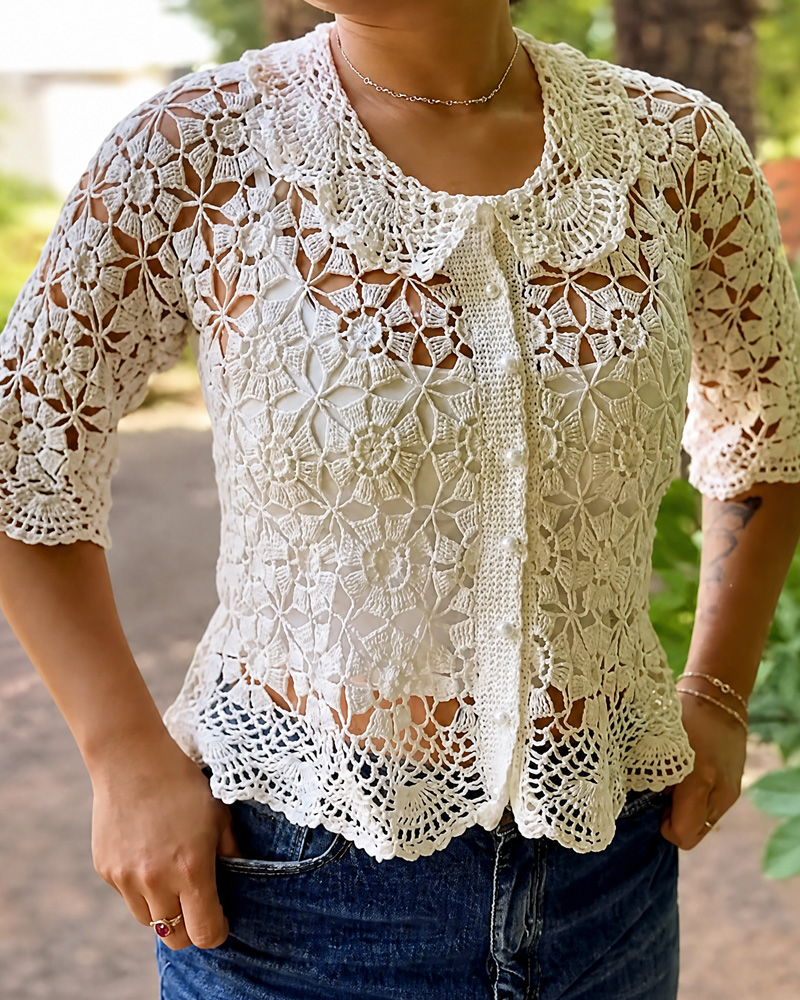 Women's Knitted Lace Openwork Button Cover-Up