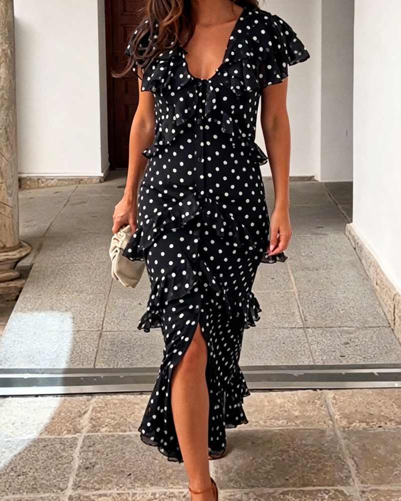 Ladies V-Neck Polka Dot Pleated Bodycon Dress