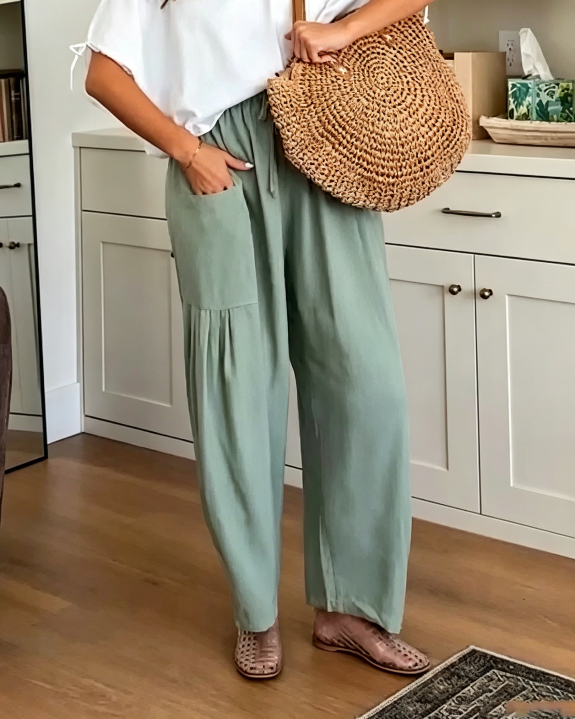 Women's Elastic Drawstring Waist Ruched Patch Pocket Loose Wide Leg Casual Linen Blend Pants