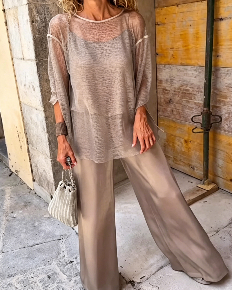 Women's Layered Blouse And Loose-Fitting Pants Two-Piece Set