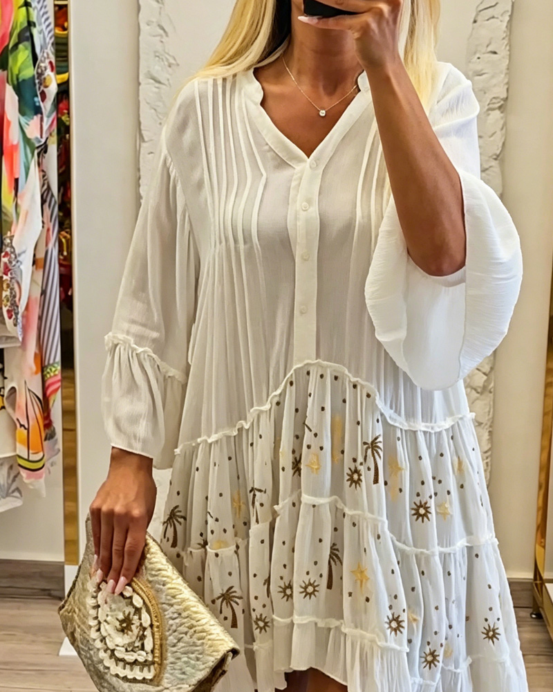 Ladies V-Neck Button-Down Loose Midi Dress