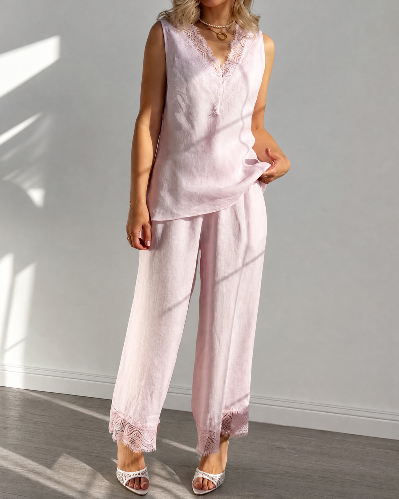 Women's Solid Color Lace Patchwork V-Neck Two-Piece Set