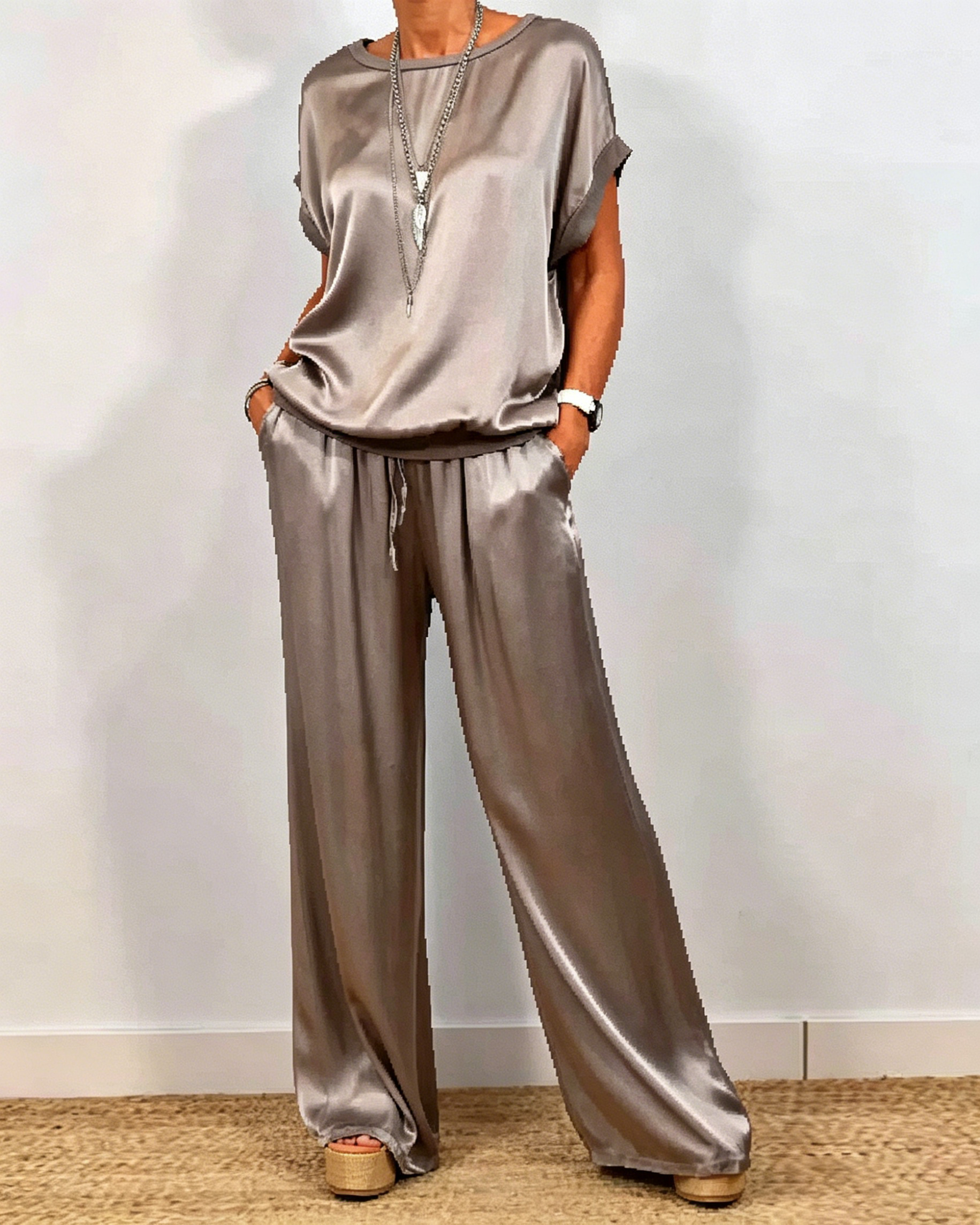 Women's Spring Casual Solid Color Satin Two-Piece Suit