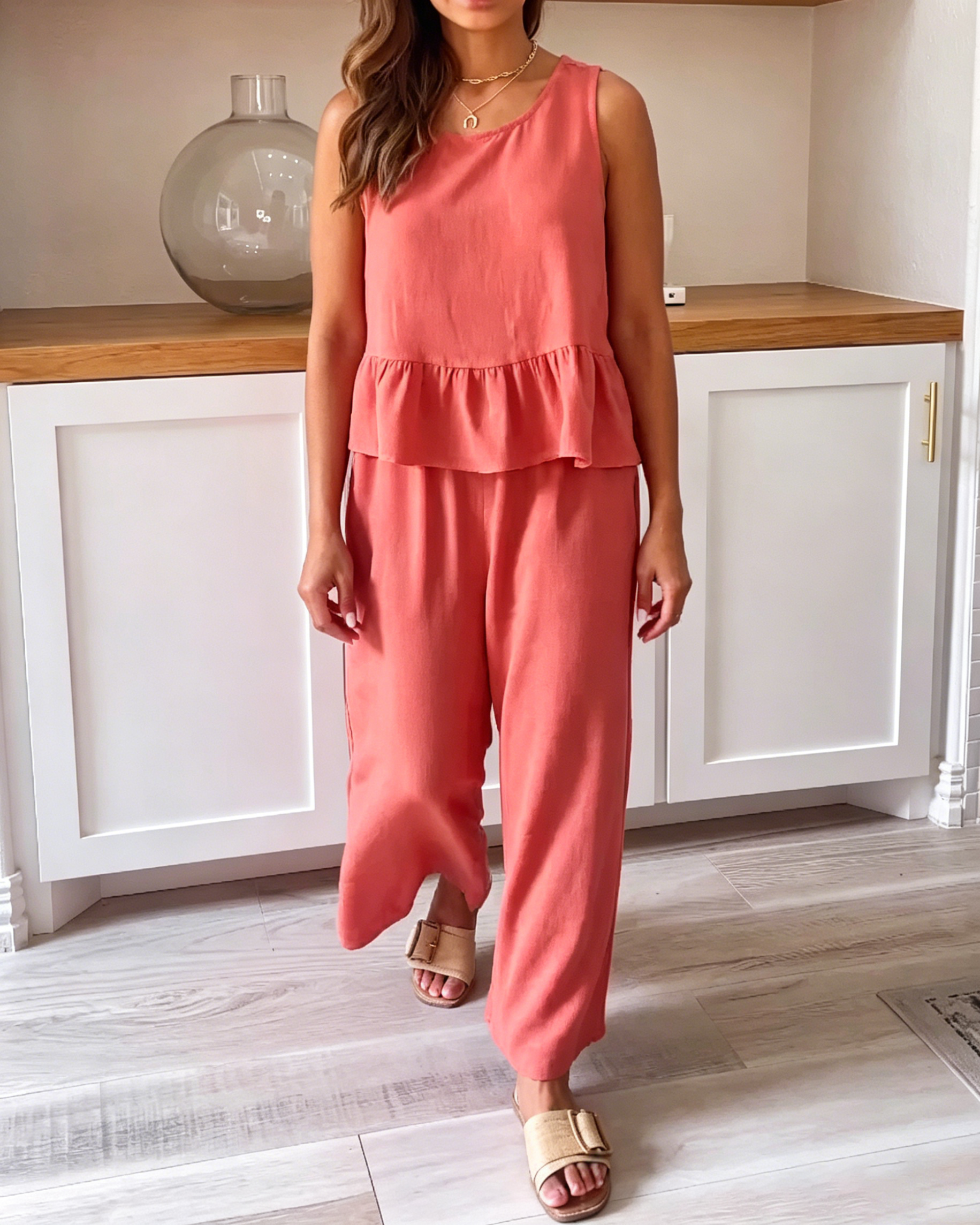 Women's Round Neck Sleeveless Ruffle Hem Peplum Top Relaxed Wide Leg Casual Pant Two Piece Set