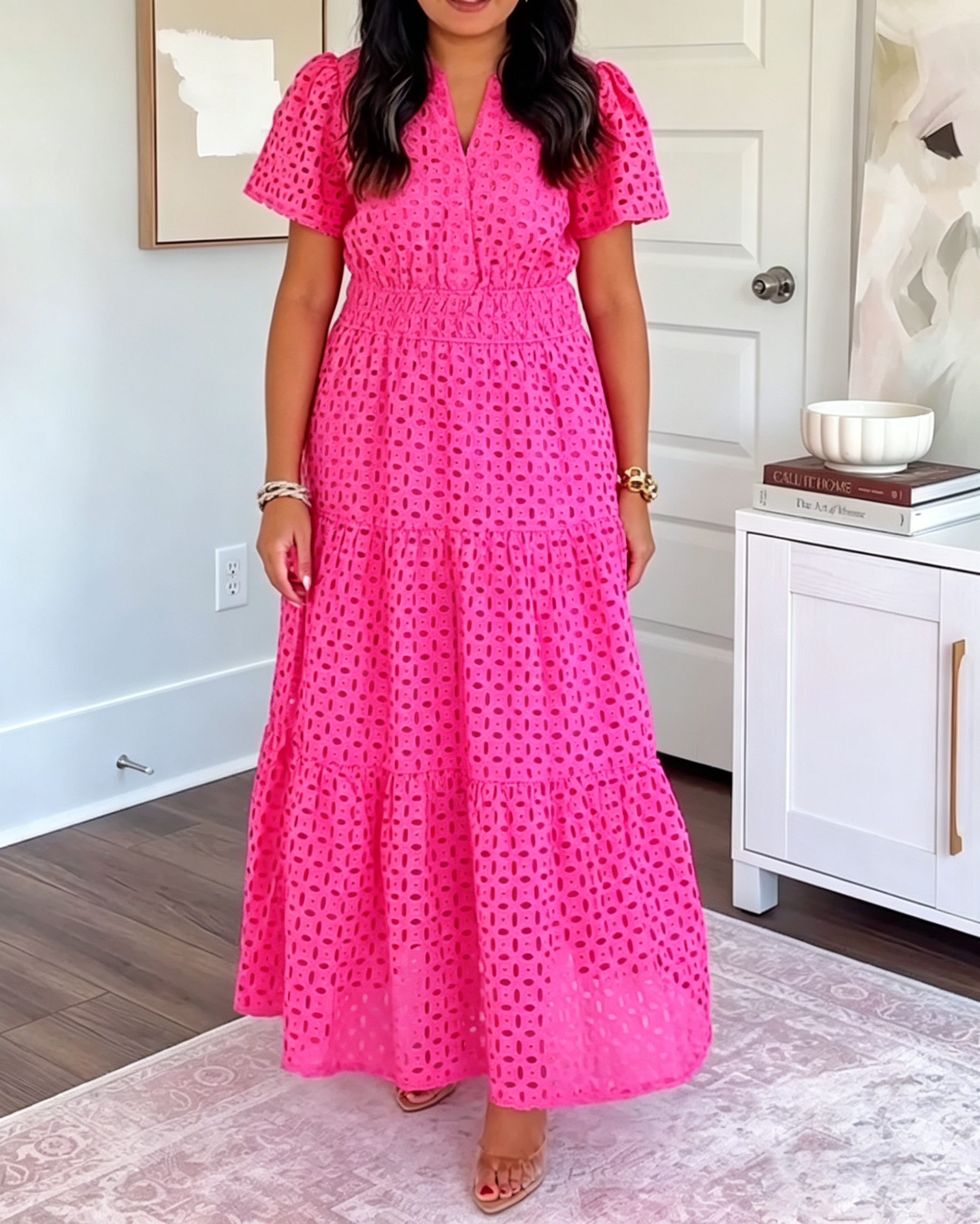 Women's Eyelet Embroidery Tiered Maxi Dress, Puff Short Sleeve V Neck Smocked Waist Flowy Summer Dress