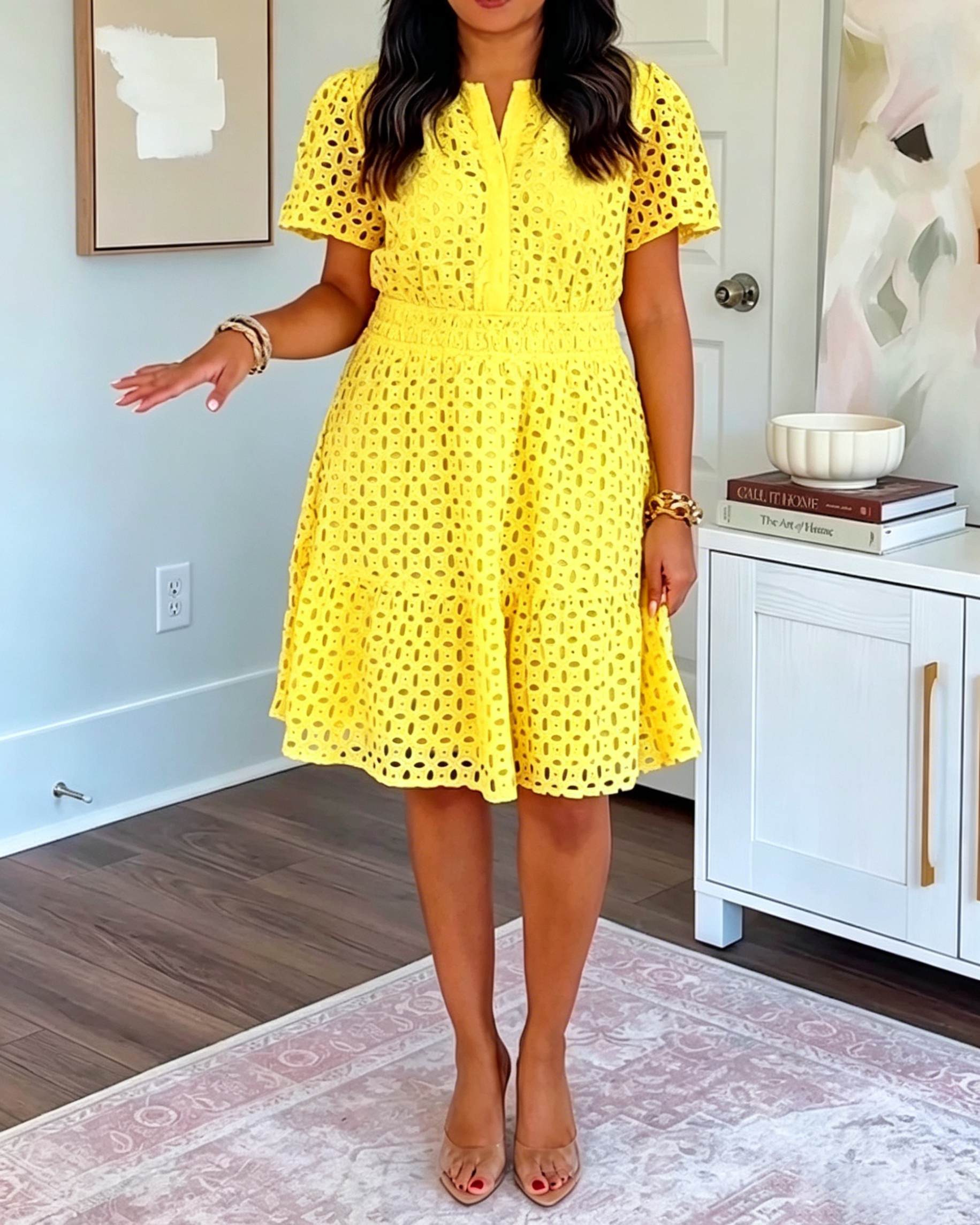 Women's Eyelet Embroidery Tiered Mini Dress, V Neck Smocked Waist Short Sleeve Flowy Summer Sundress