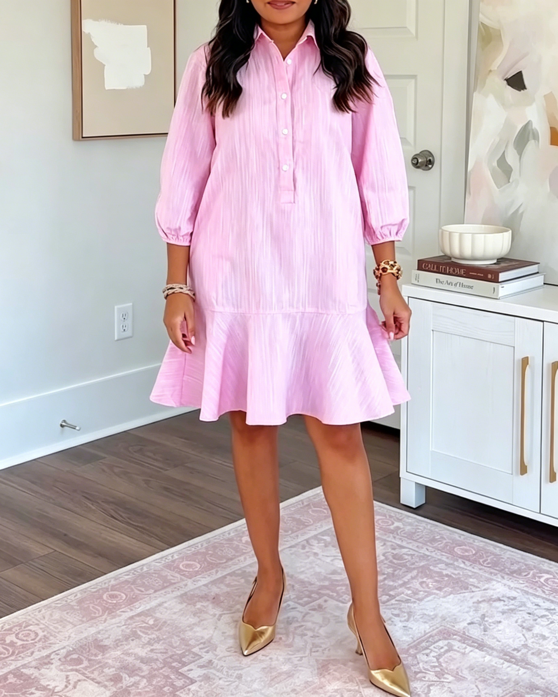 Women's Textured Half Placket Mini Shirt Dress, Collar 3/4 Bubble Sleeve Ruffle Hem Loose Shift Dress