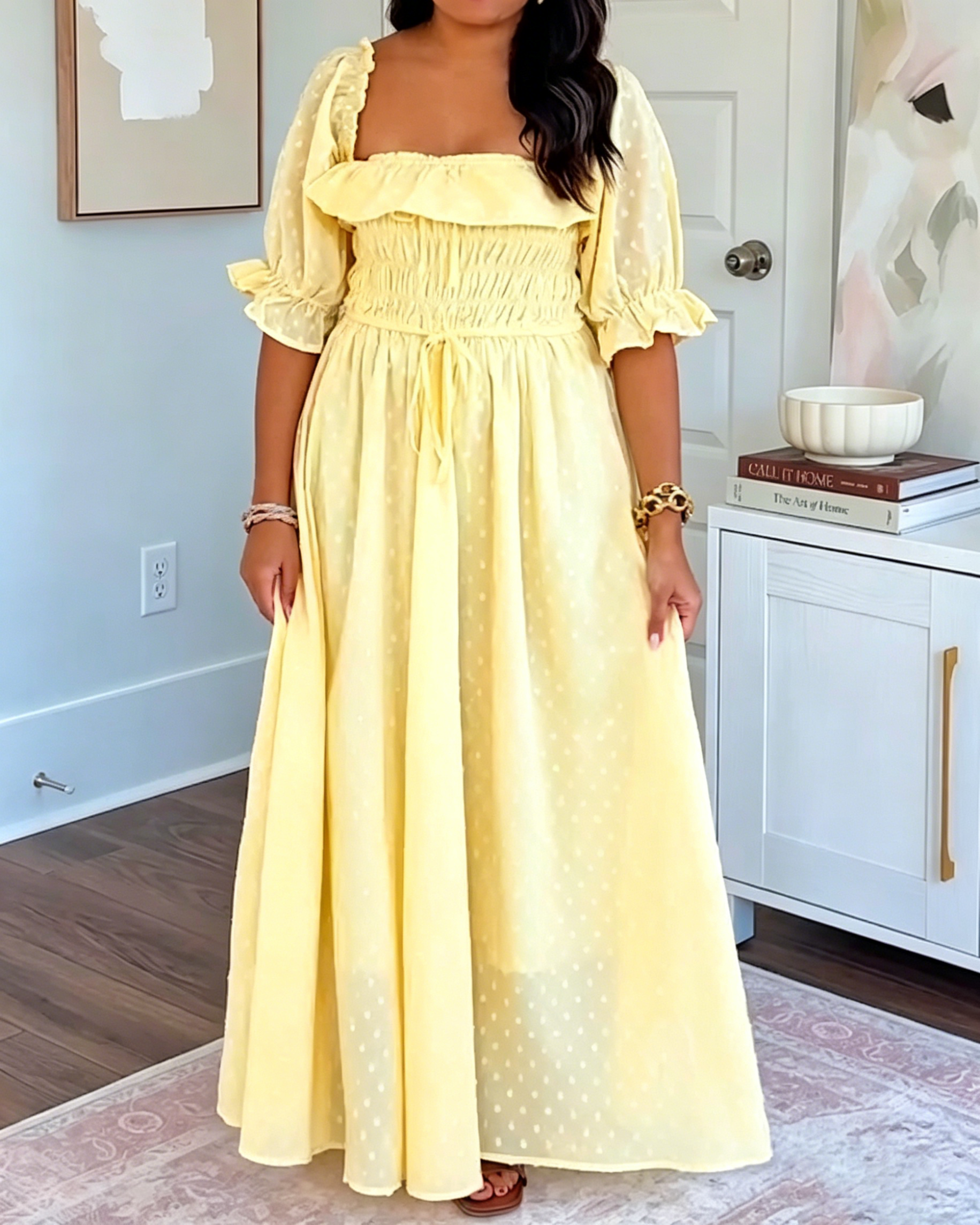 Women's Square Neck Swiss Dot Maxi Dress, Puff Ruffle Sleeve Smocked Bust Drawstring Waist Flowy Vacation Dress