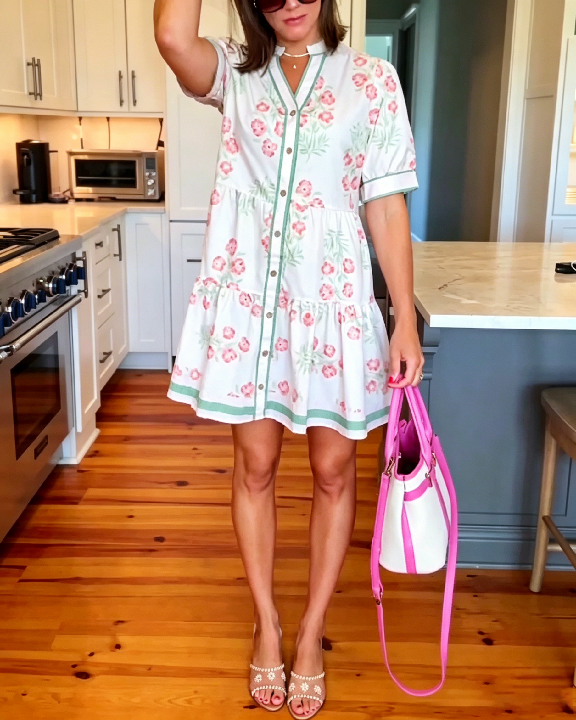 Women's Ditsy Floral Border Print Mini Shirt Dress, Mandarin Collar Short Sleeve Button Down Hem Trim Vacation Dress