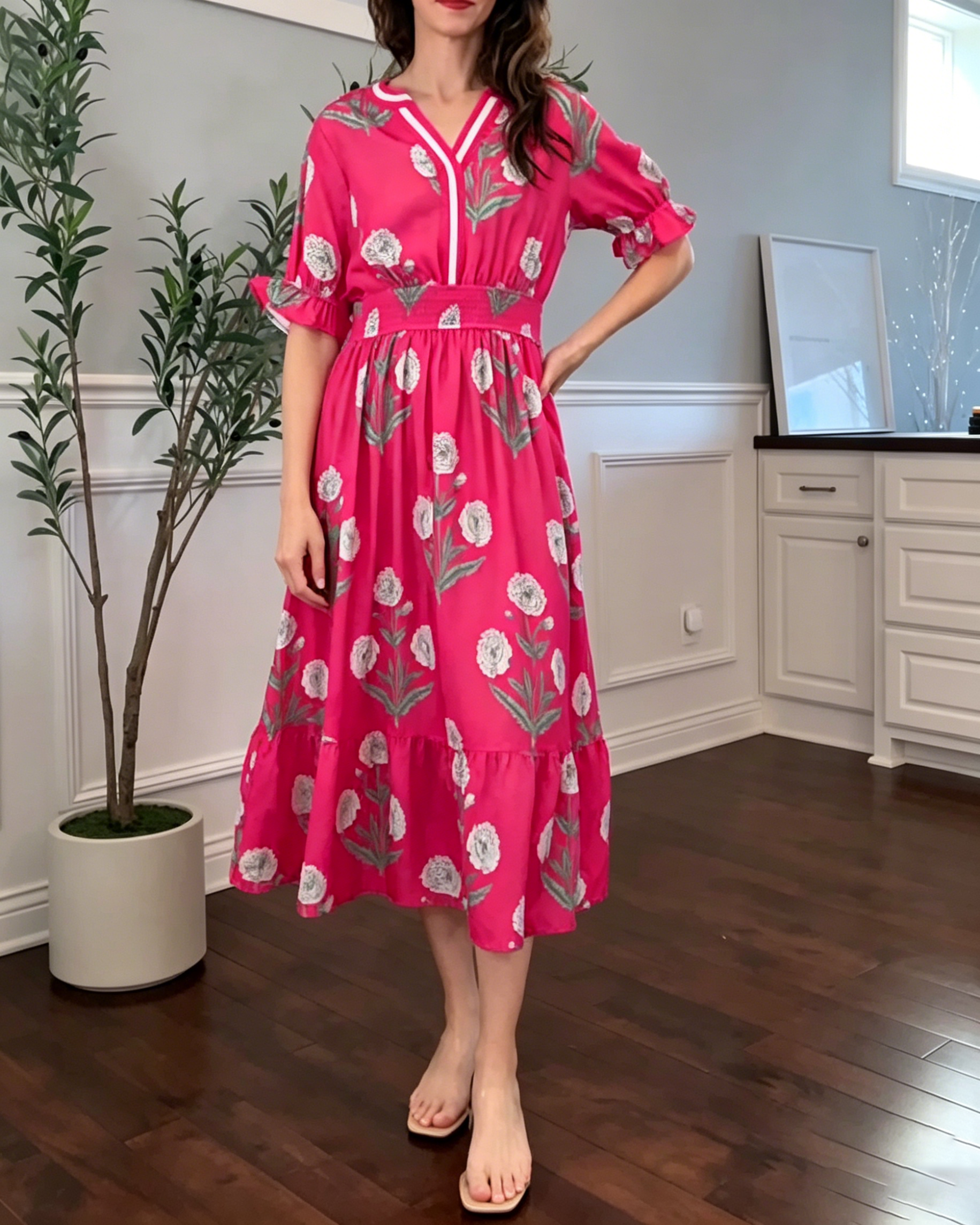 Women's Peony Floral Print Midi Dress, V Neck Ruffle Short Sleeve Smocked Waist Tiered Vacation Dress