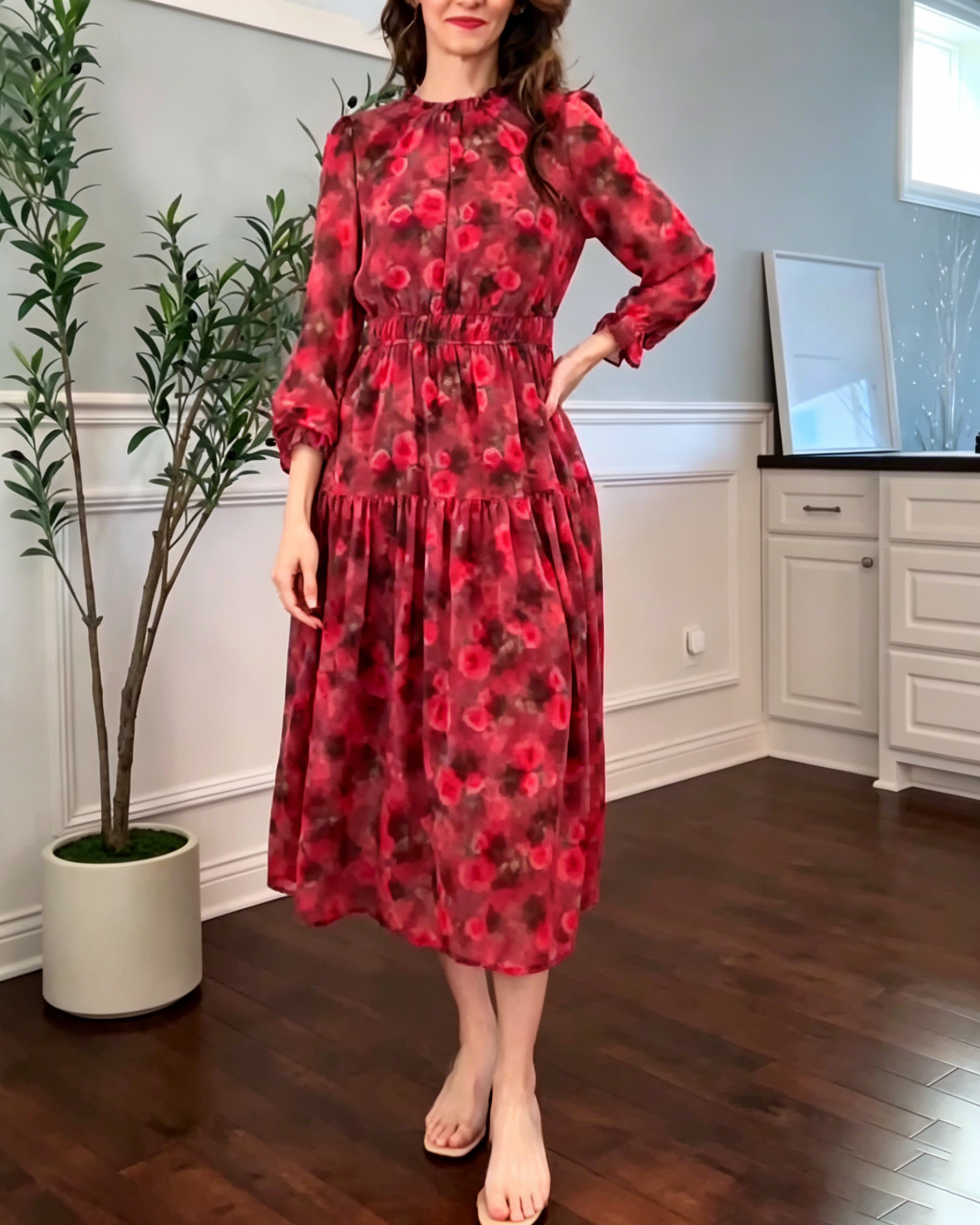 Women's Blurred Floral Tiered Midi Dress, Round Neck Puff Long Sleeve Smocked Waist Loose Daily Dress