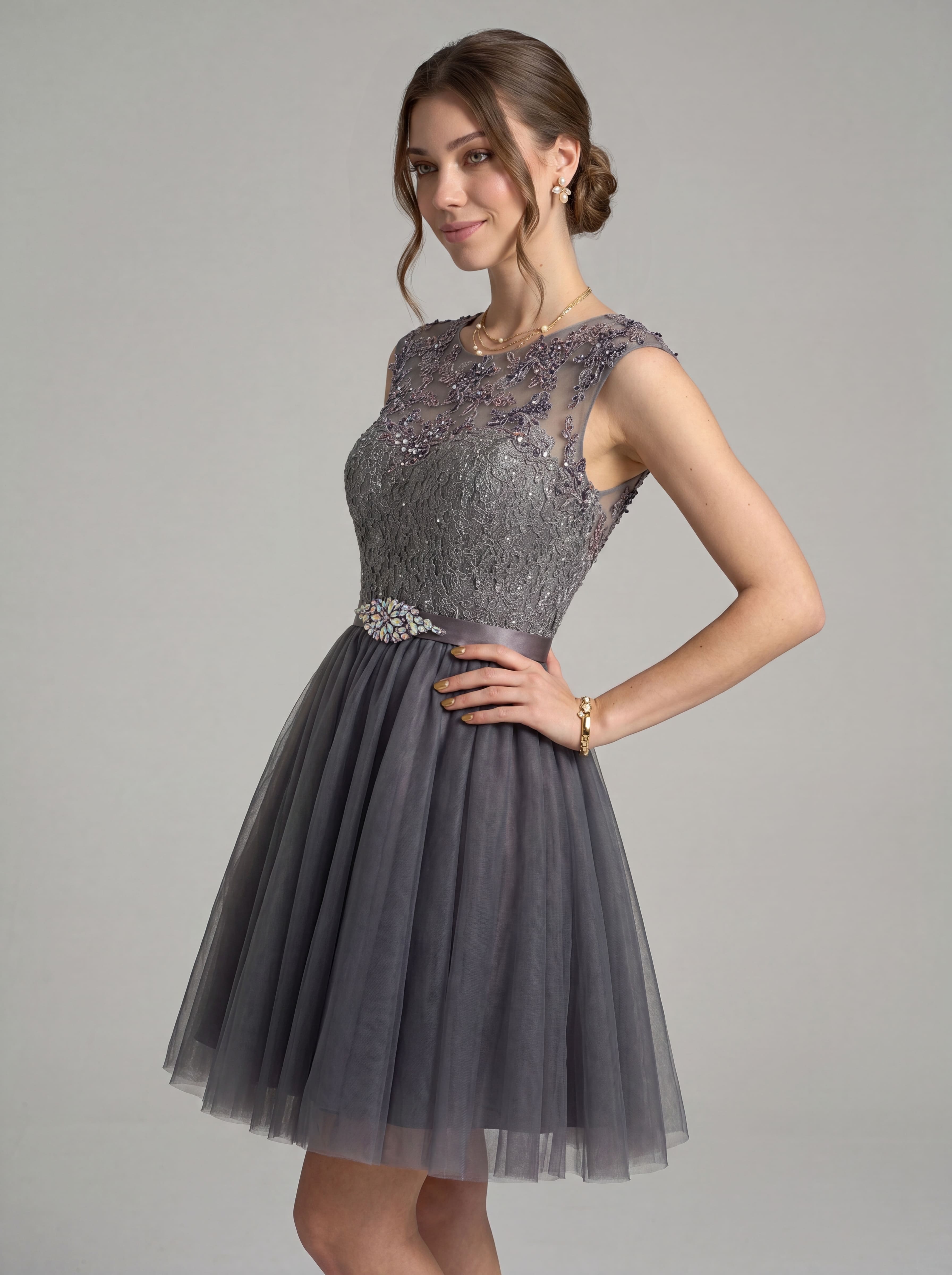 Elegant Short Homecoming Dress - Illusion Lace Tulle A-Line Cocktail Gown with Rhinestone Belt for Prom & Graduation