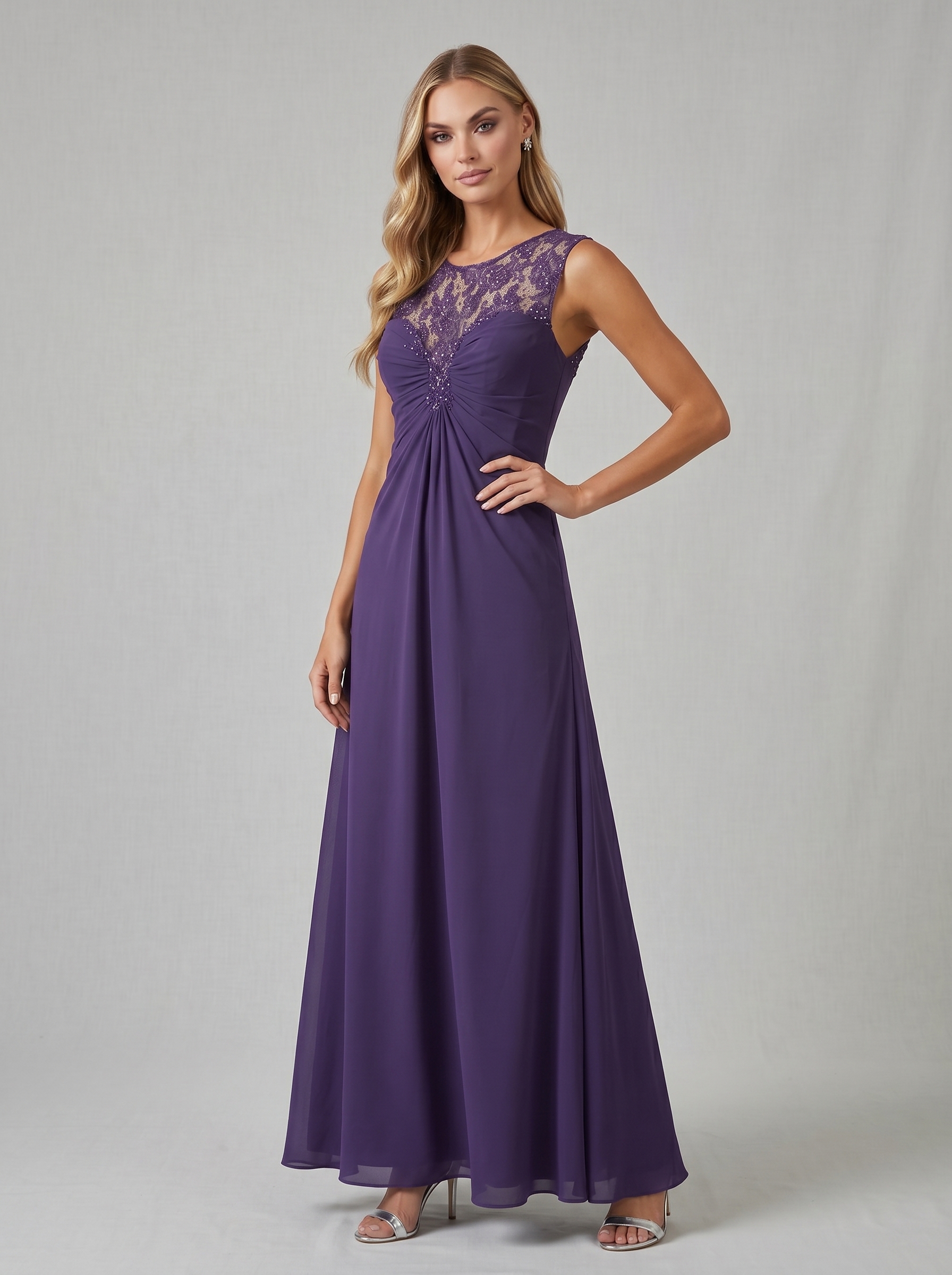 Elegant Sleeveless Lace Illusion Neckline Maxi Dress - Ruched Chiffon Formal Evening Gown for Wedding Guest, Bridesmaid & Prom