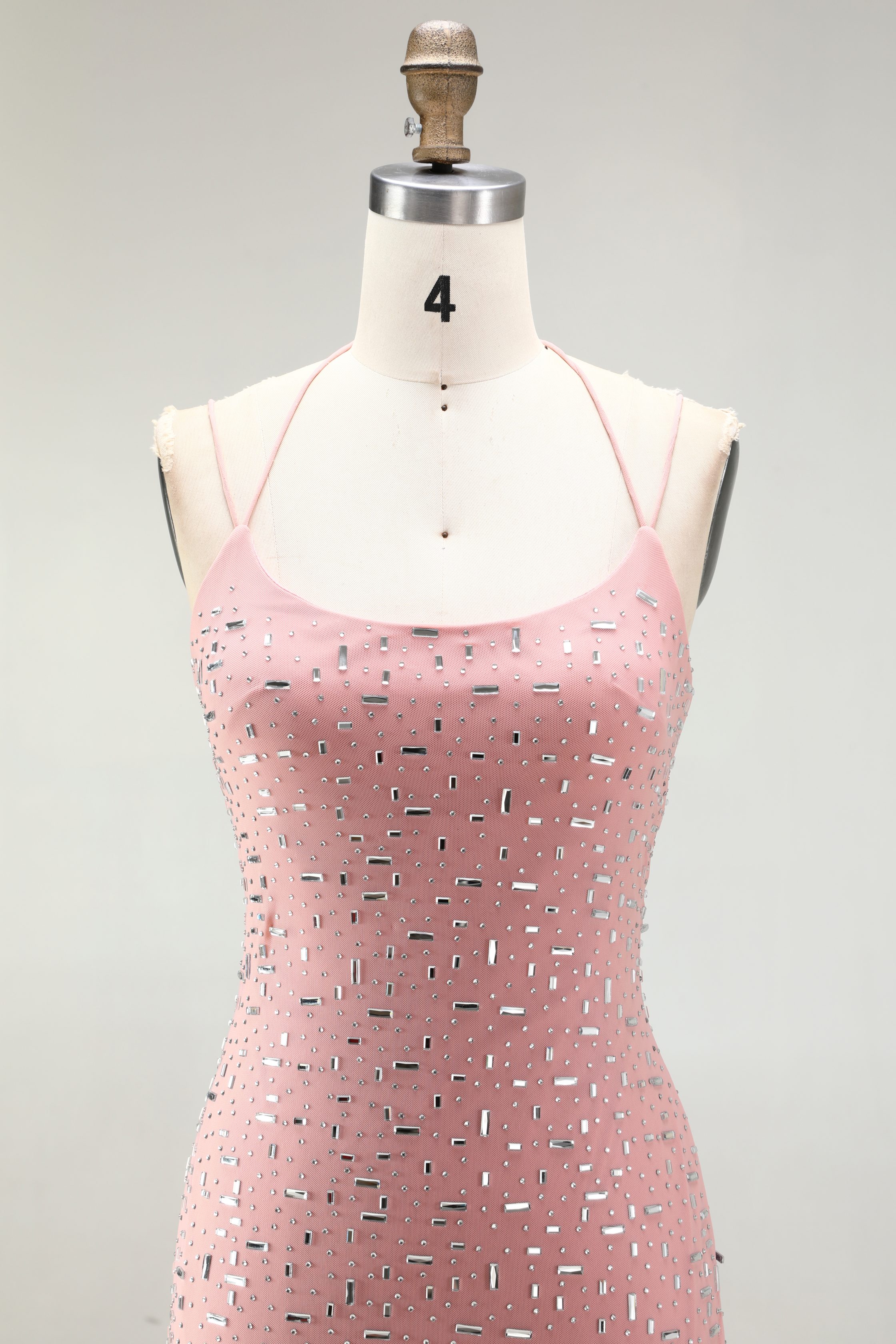 SPU - 608S40LF010 Pink Spaghetti Strap Beaded Bodycon Dress