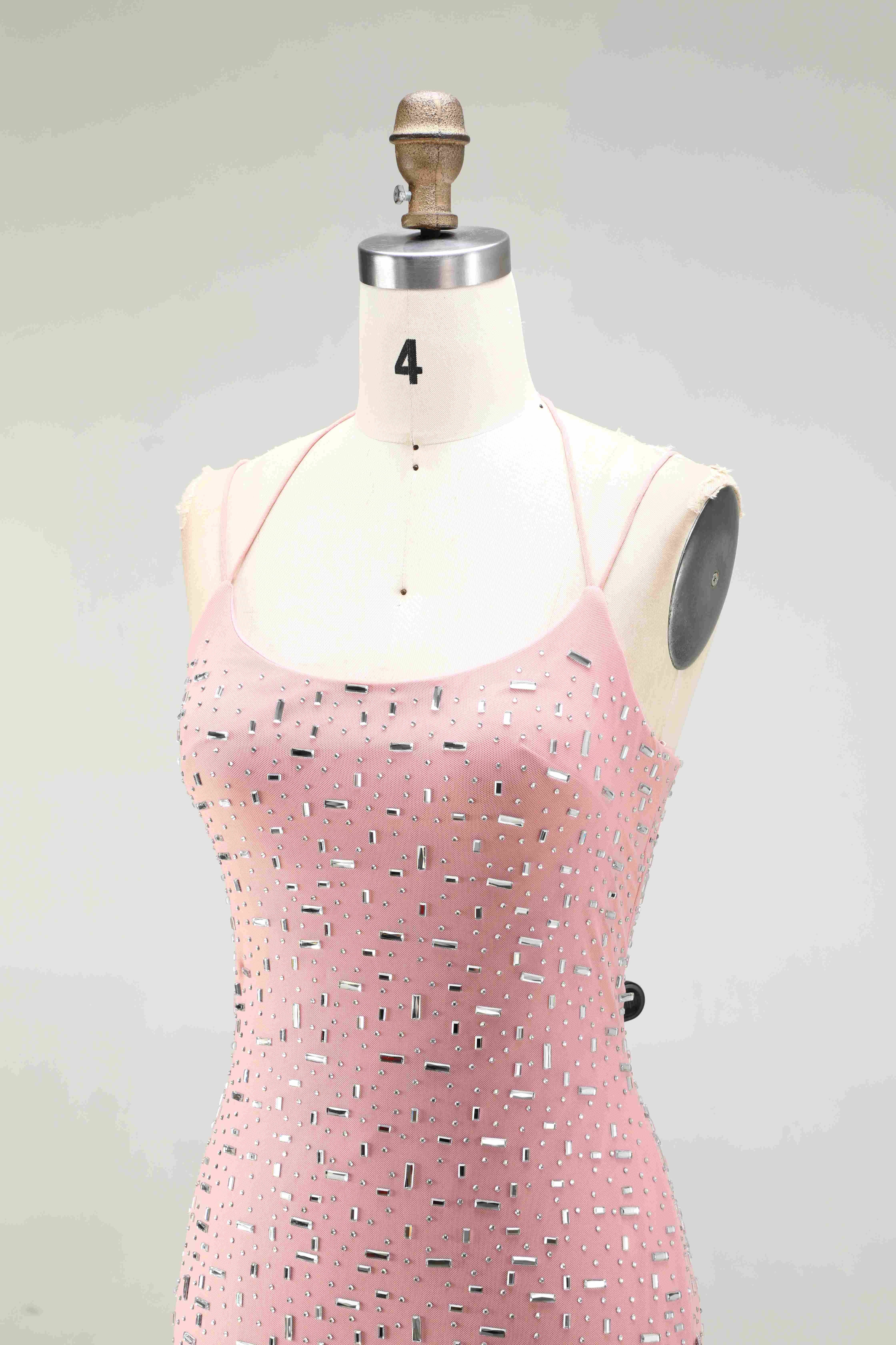 SPU - 608S40LF010 Pink Spaghetti Strap Beaded Bodycon Dress