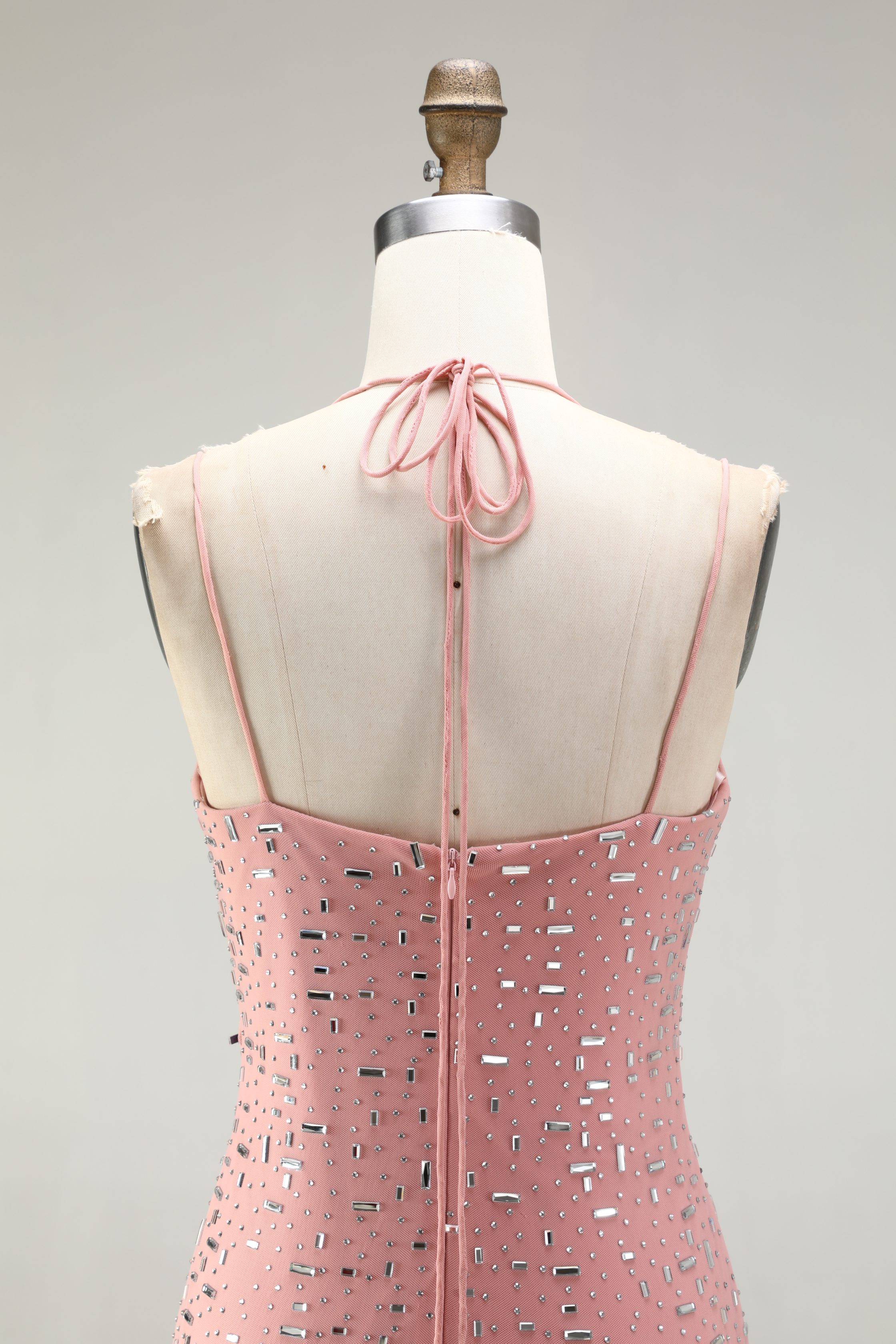 SPU - 608S40LF010 Pink Spaghetti Strap Beaded Bodycon Dress