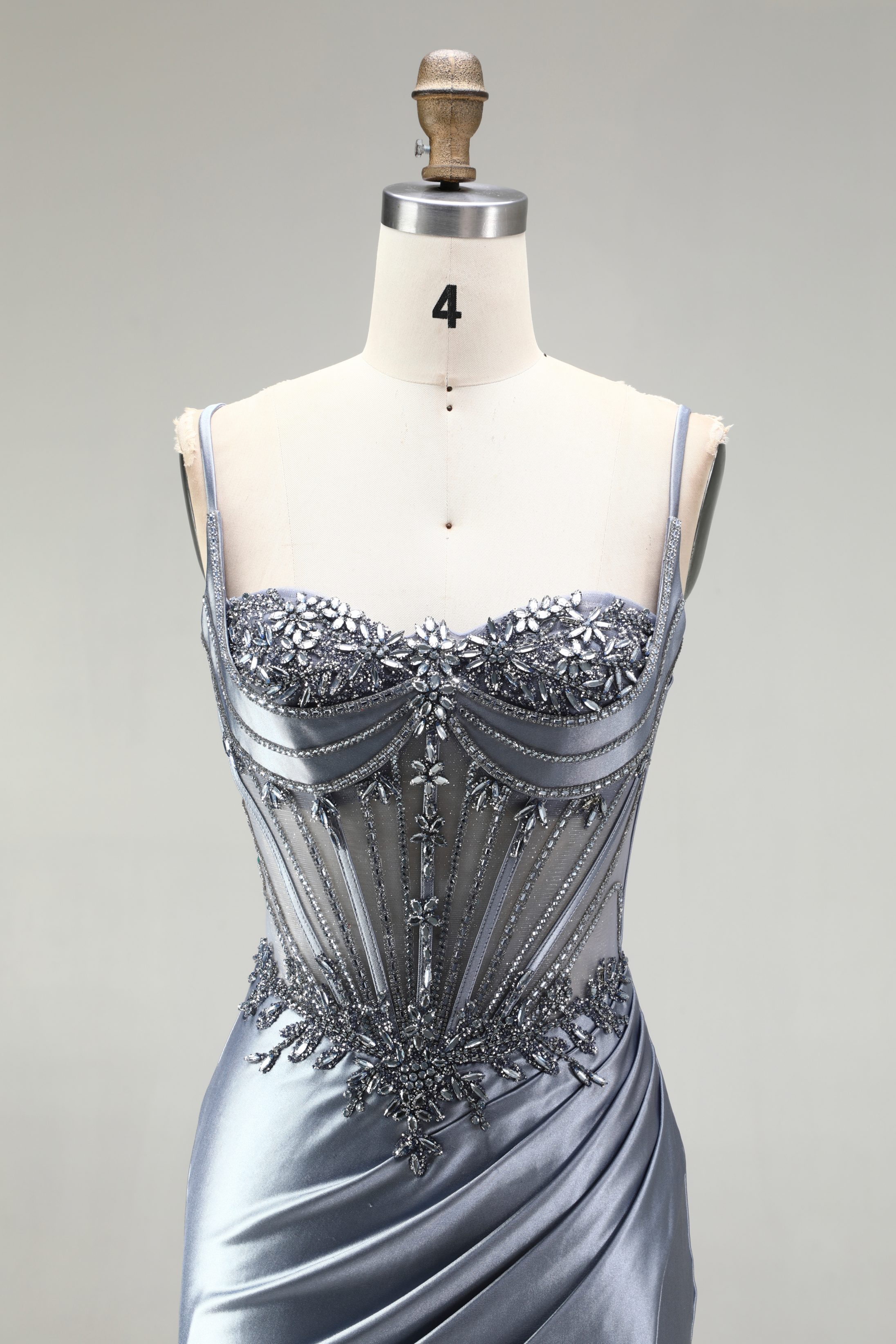 SPU -608S20LF005 Dusty Blue Satin Ruched Slit Mermaid Gown