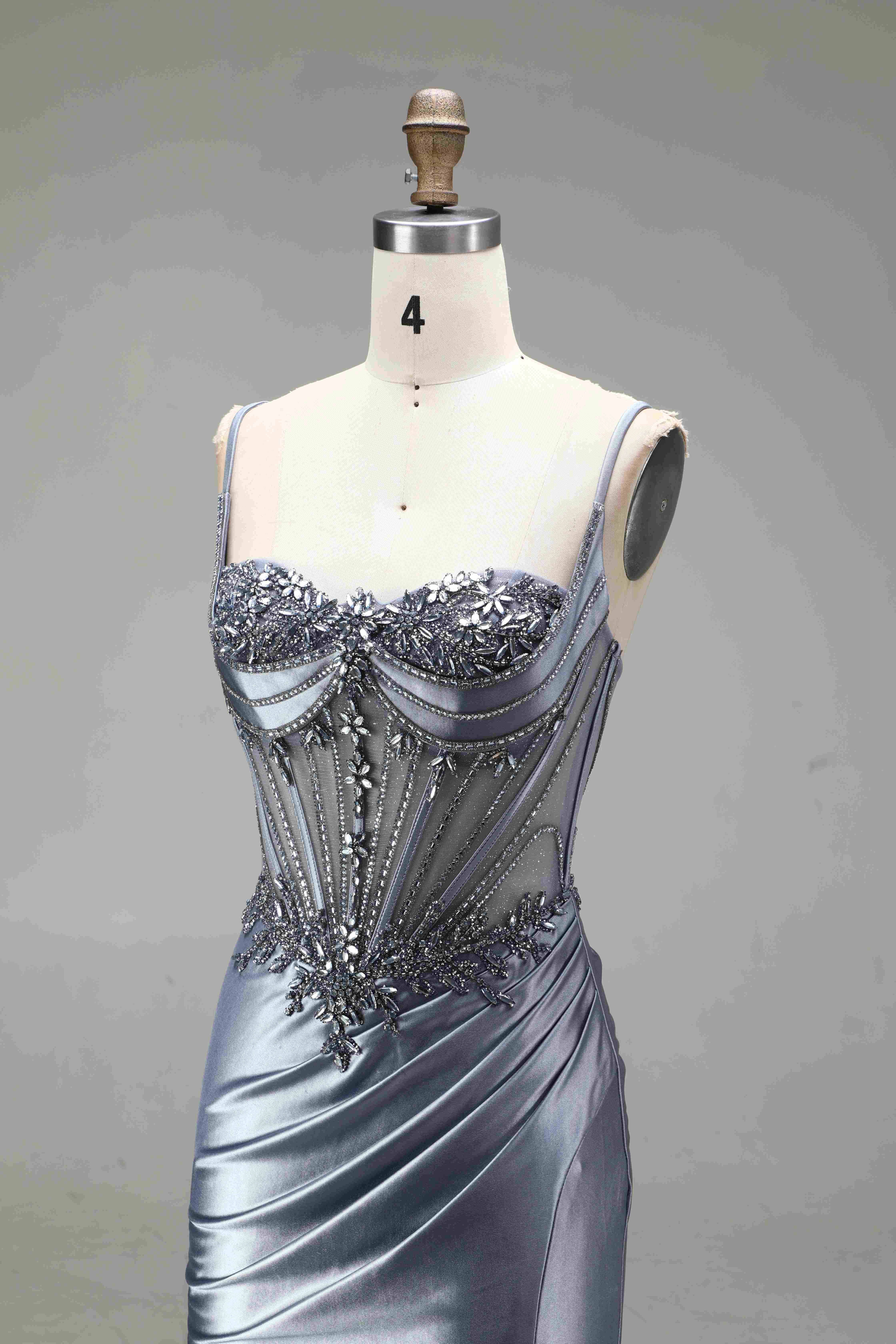 SPU -608S20LF005 Dusty Blue Satin Ruched Slit Mermaid Gown