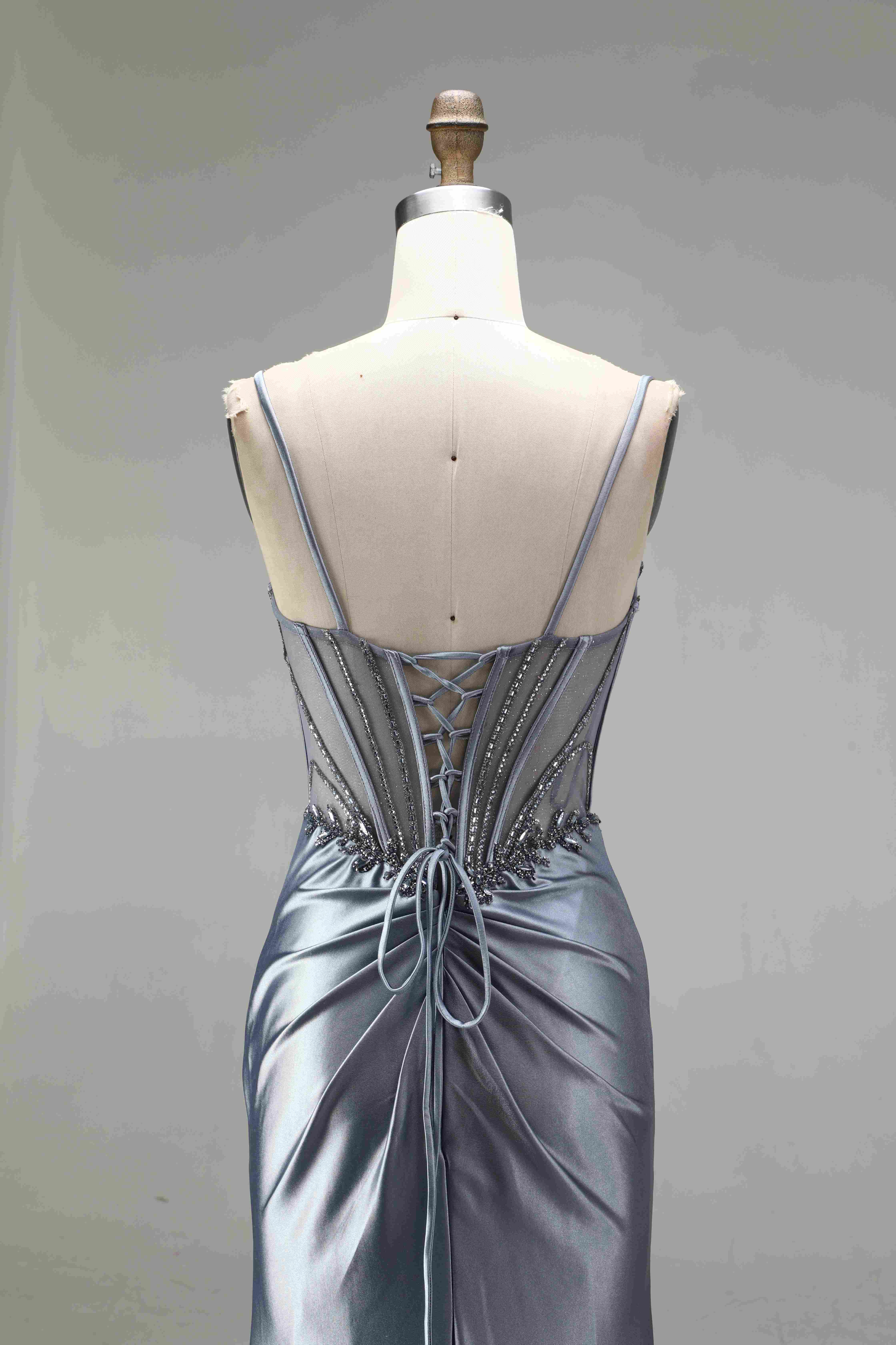 SPU -608S20LF005 Dusty Blue Satin Ruched Slit Mermaid Gown