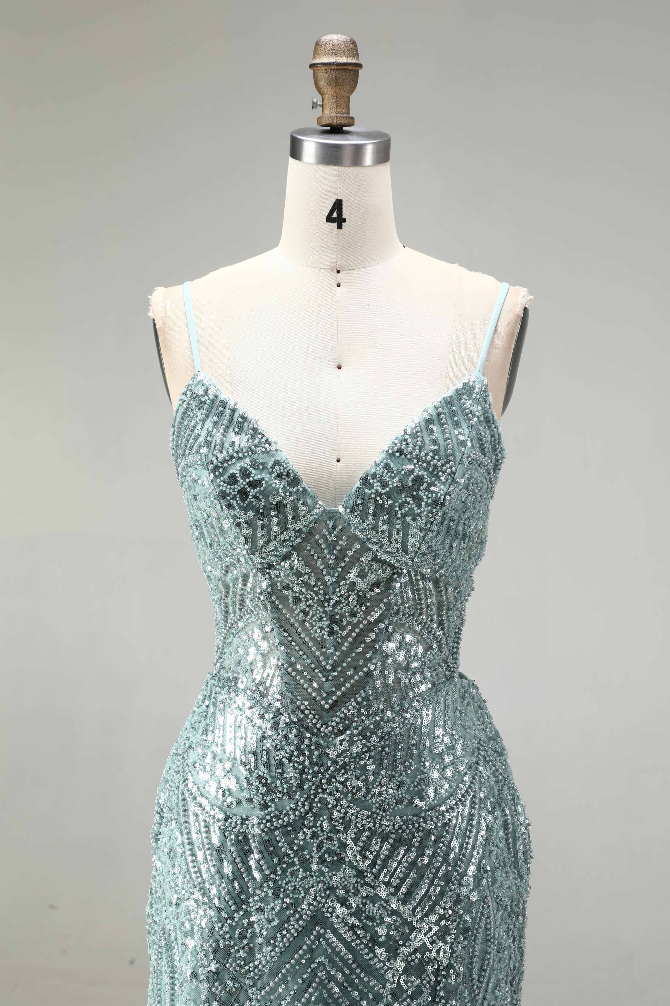 SPU - 608S40LF006 Sage Green Beaded Slit Spaghetti Strap Gown