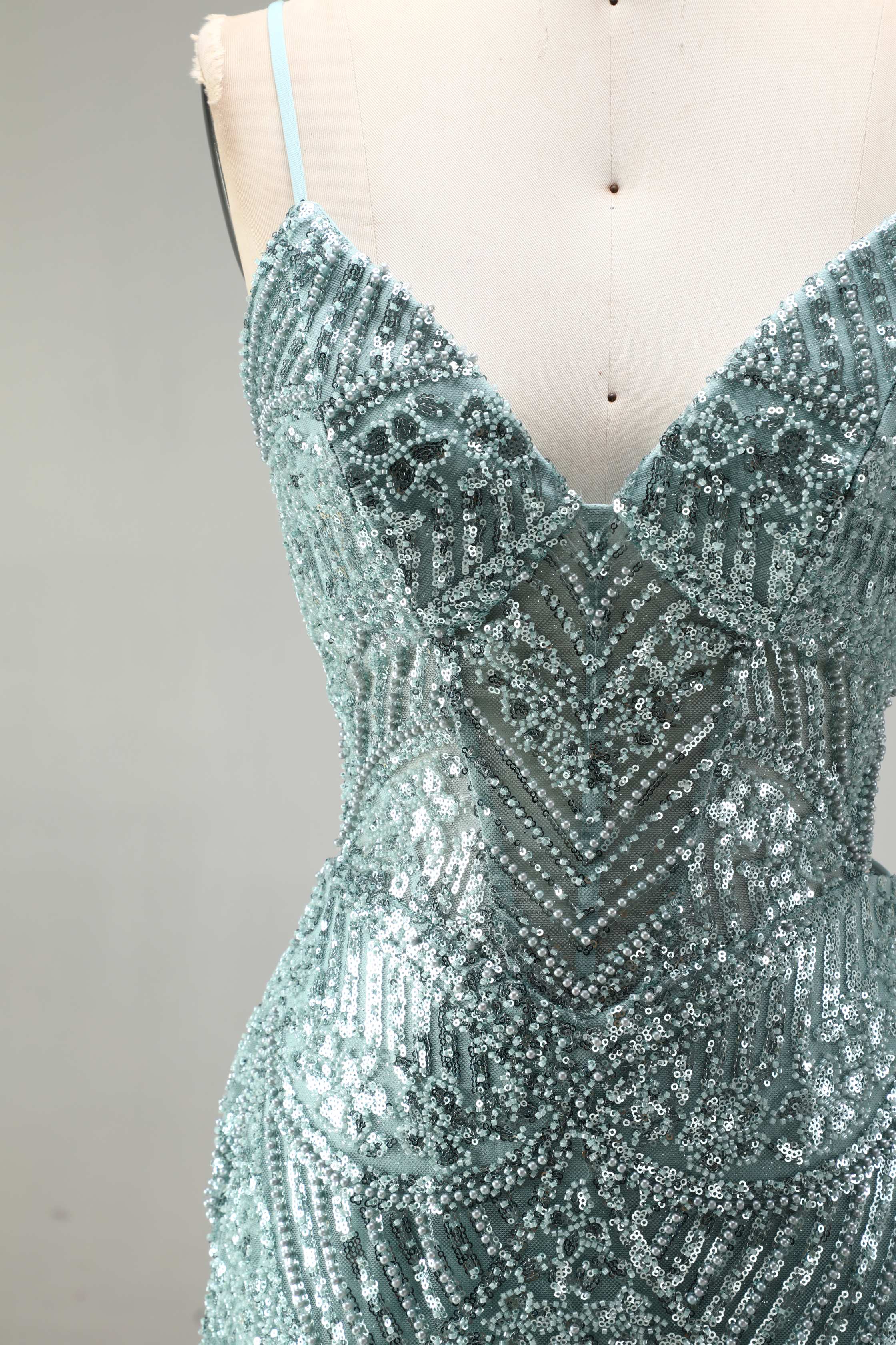 SPU - 608S40LF006 Sage Green Beaded Slit Spaghetti Strap Gown