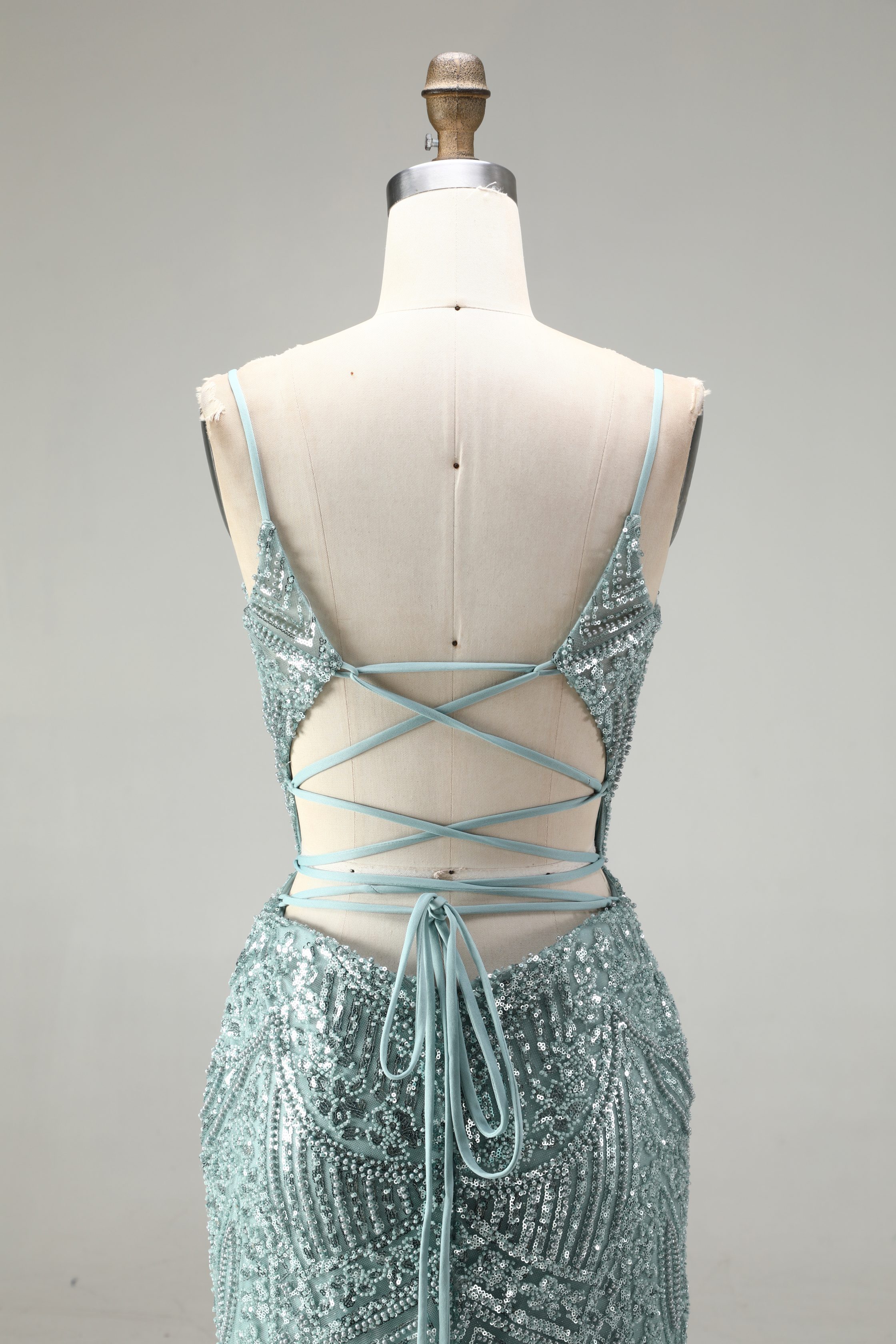 SPU - 608S40LF006 Sage Green Beaded Slit Spaghetti Strap Gown