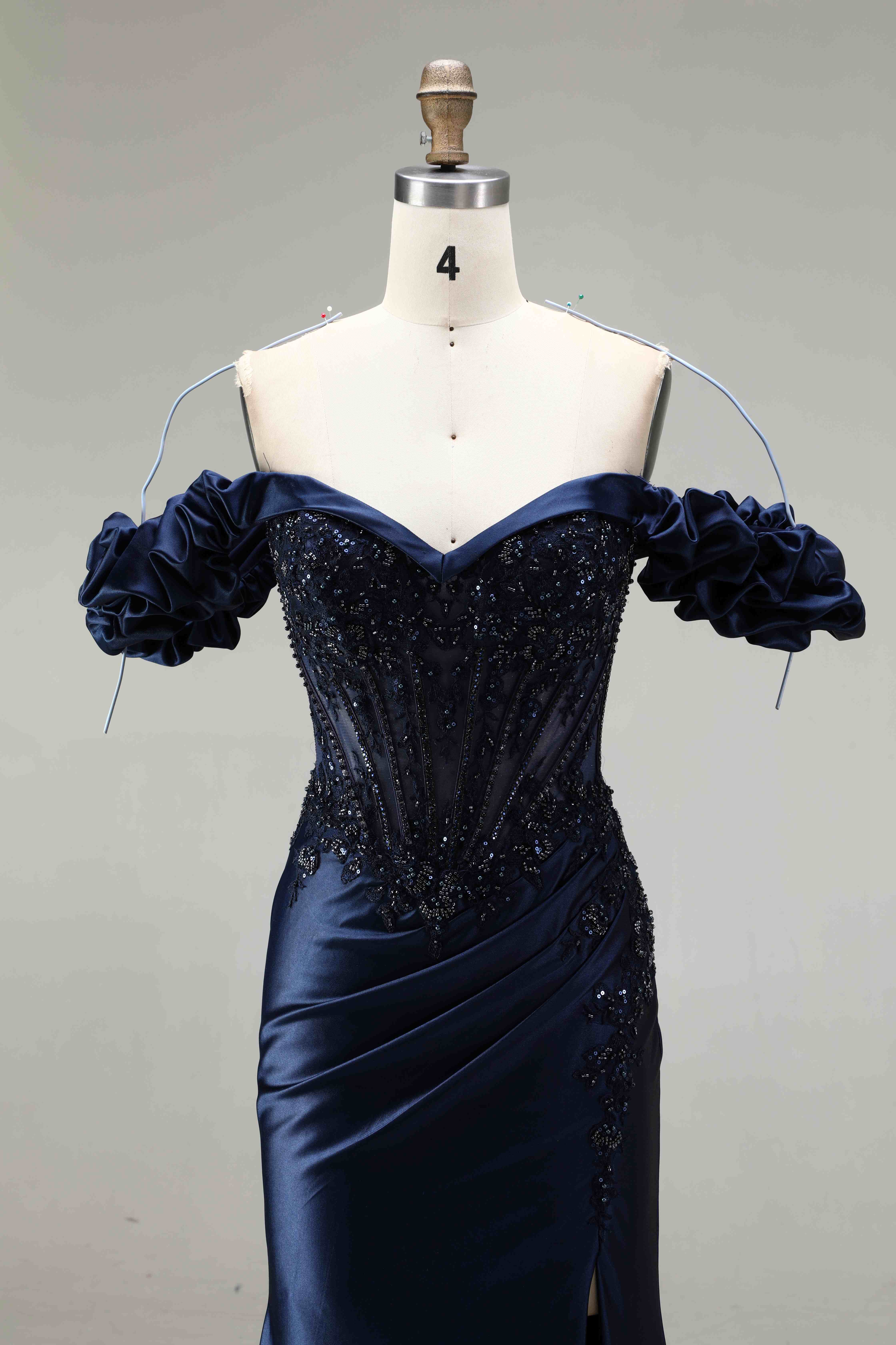 SPU - 608S20LF002 Navy Blue Off‑Shoulder Slit Mermaid Gown