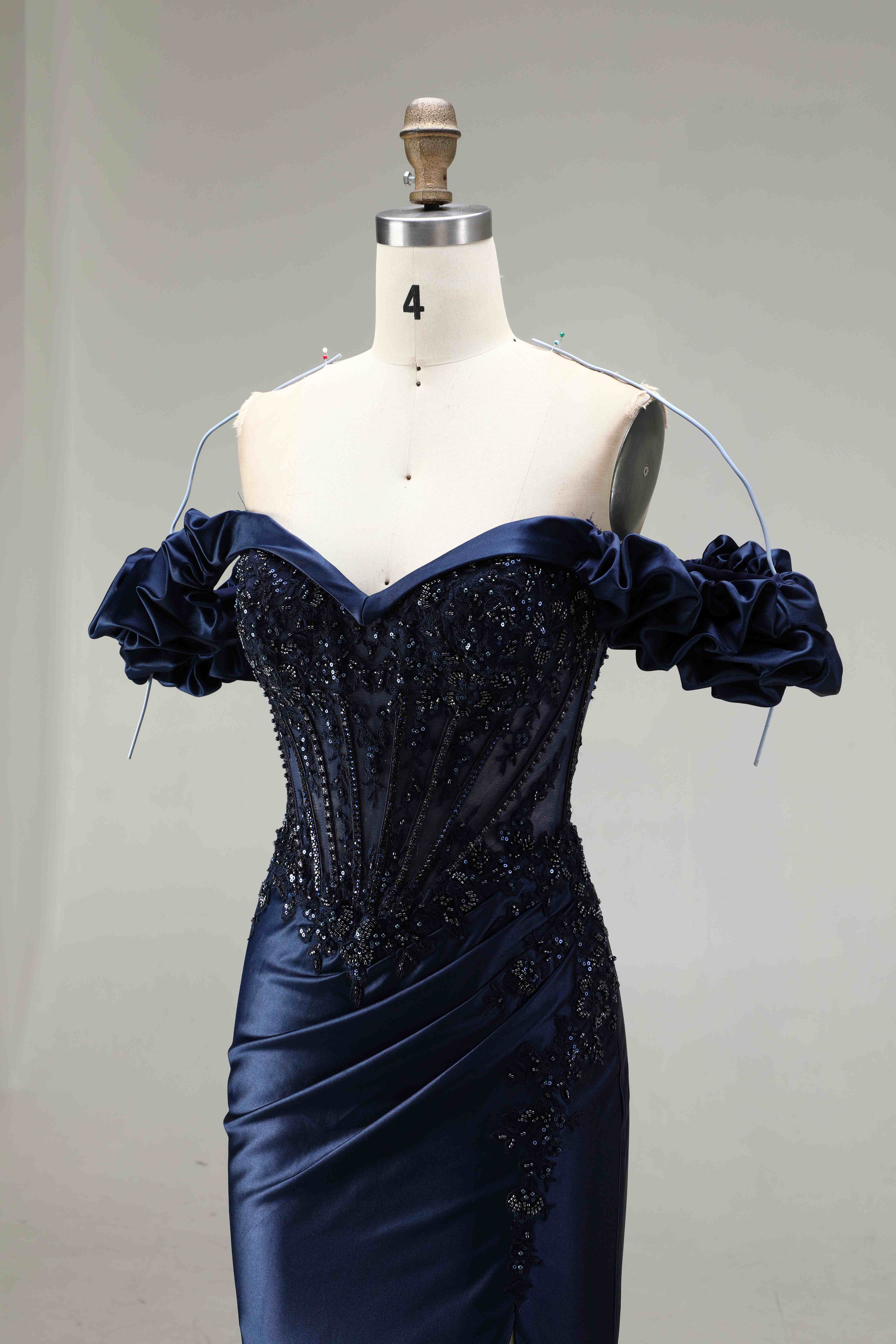 SPU - 608S20LF002 Navy Blue Off‑Shoulder Slit Mermaid Gown