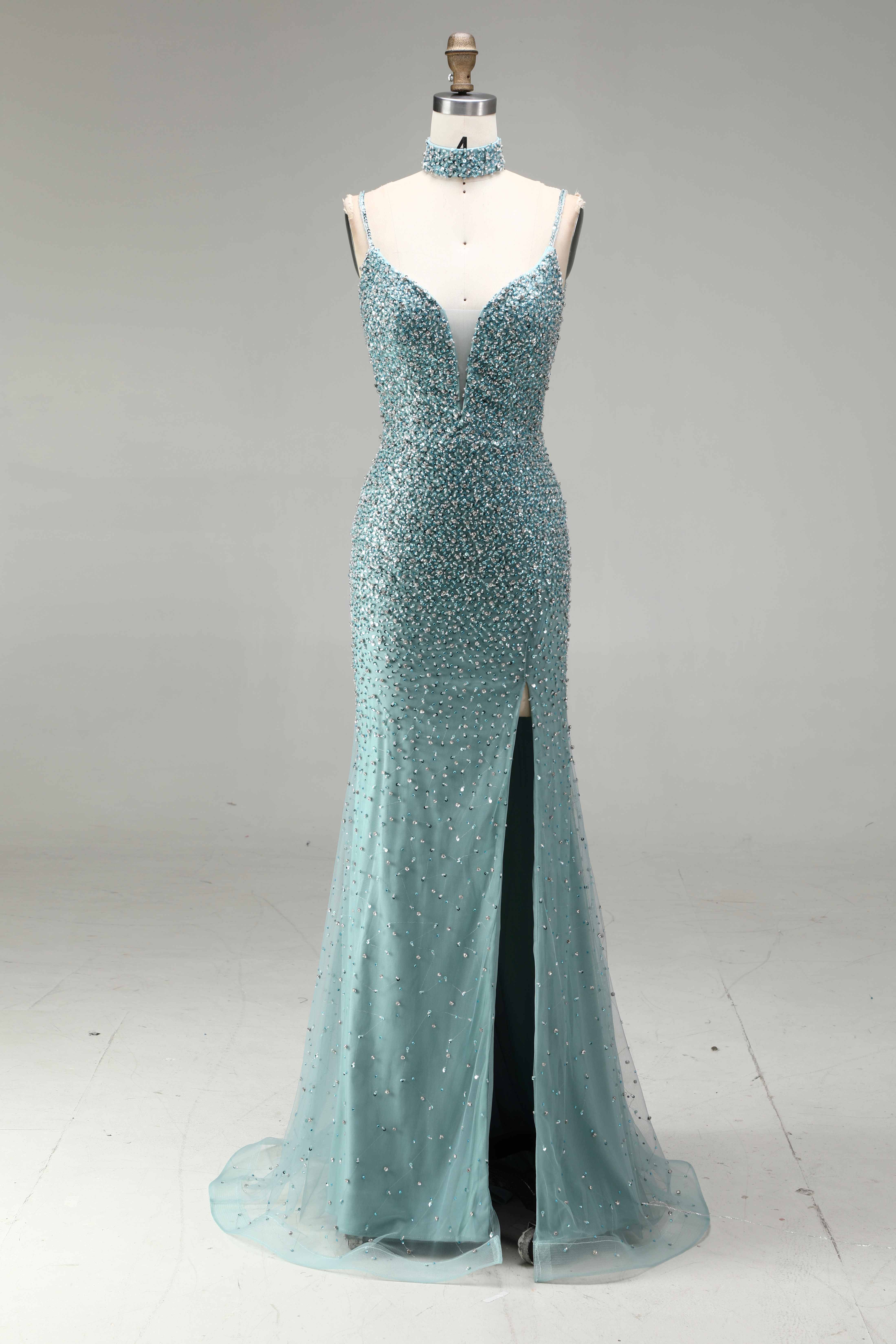 SPU- 608S40LF003 Teal Beaded Slit Mermaid Prom Dress