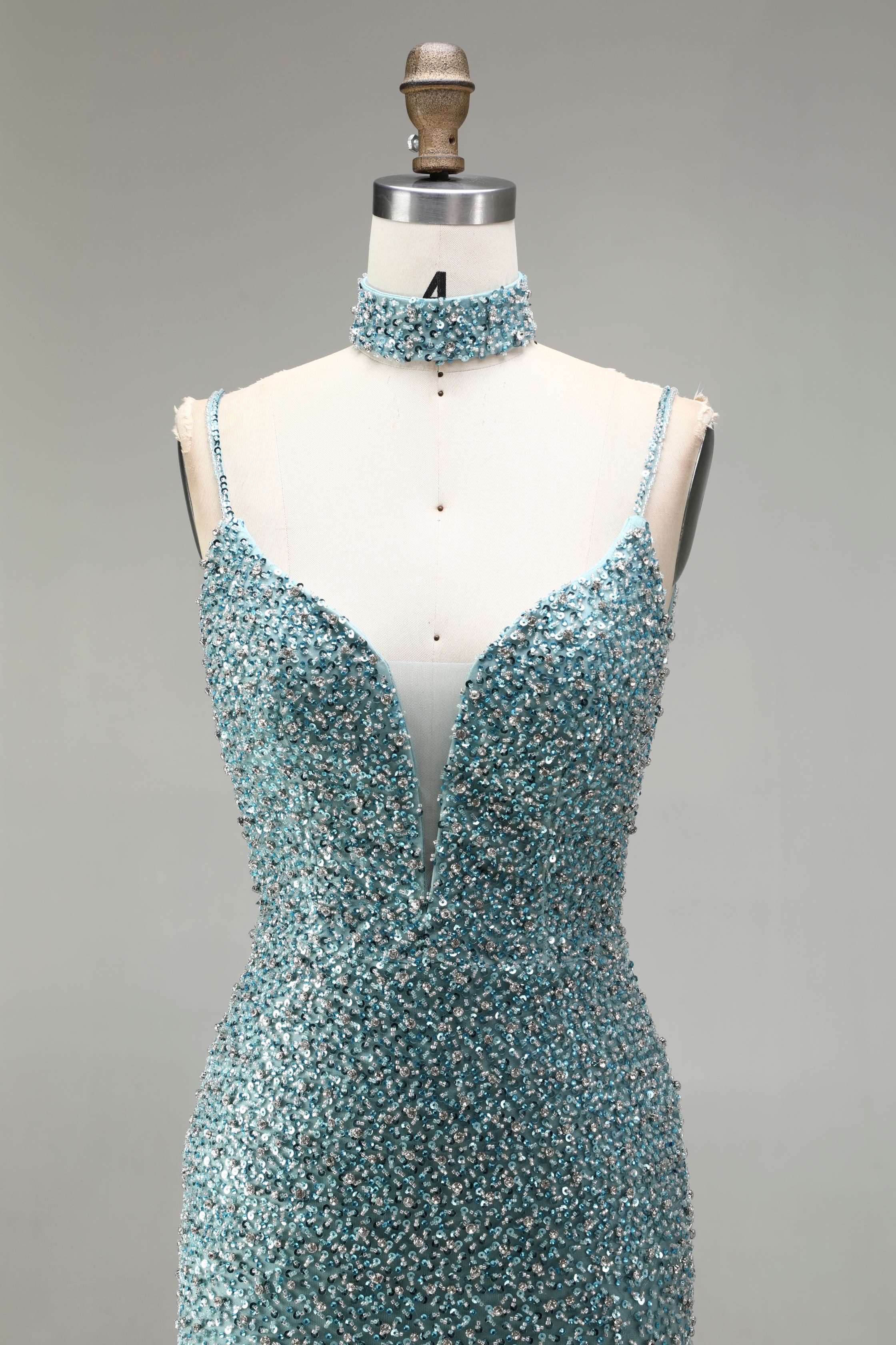 SPU- 608S40LF003 Teal Beaded Slit Mermaid Prom Dress