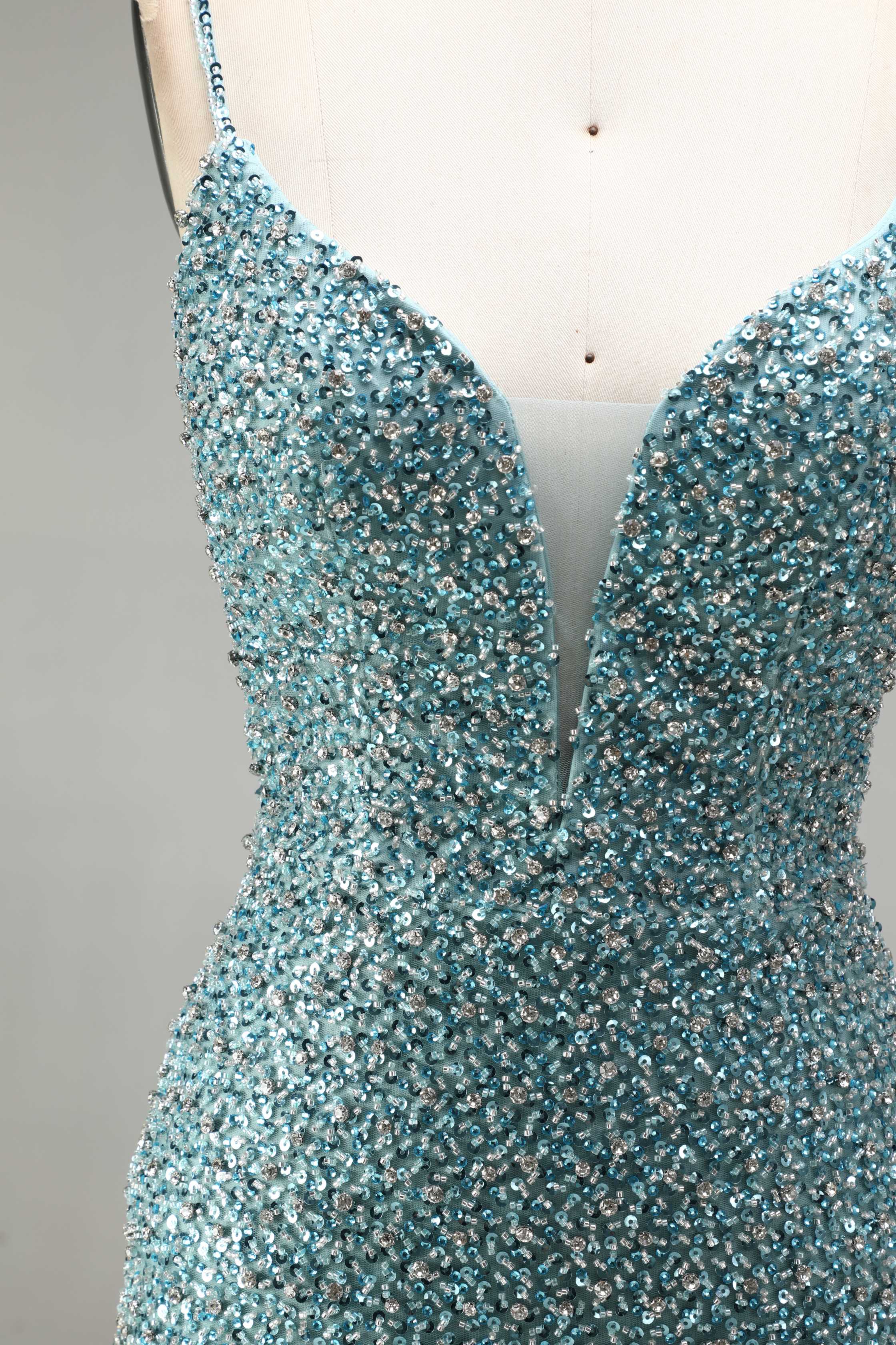SPU- 608S40LF003 Teal Beaded Slit Mermaid Prom Dress