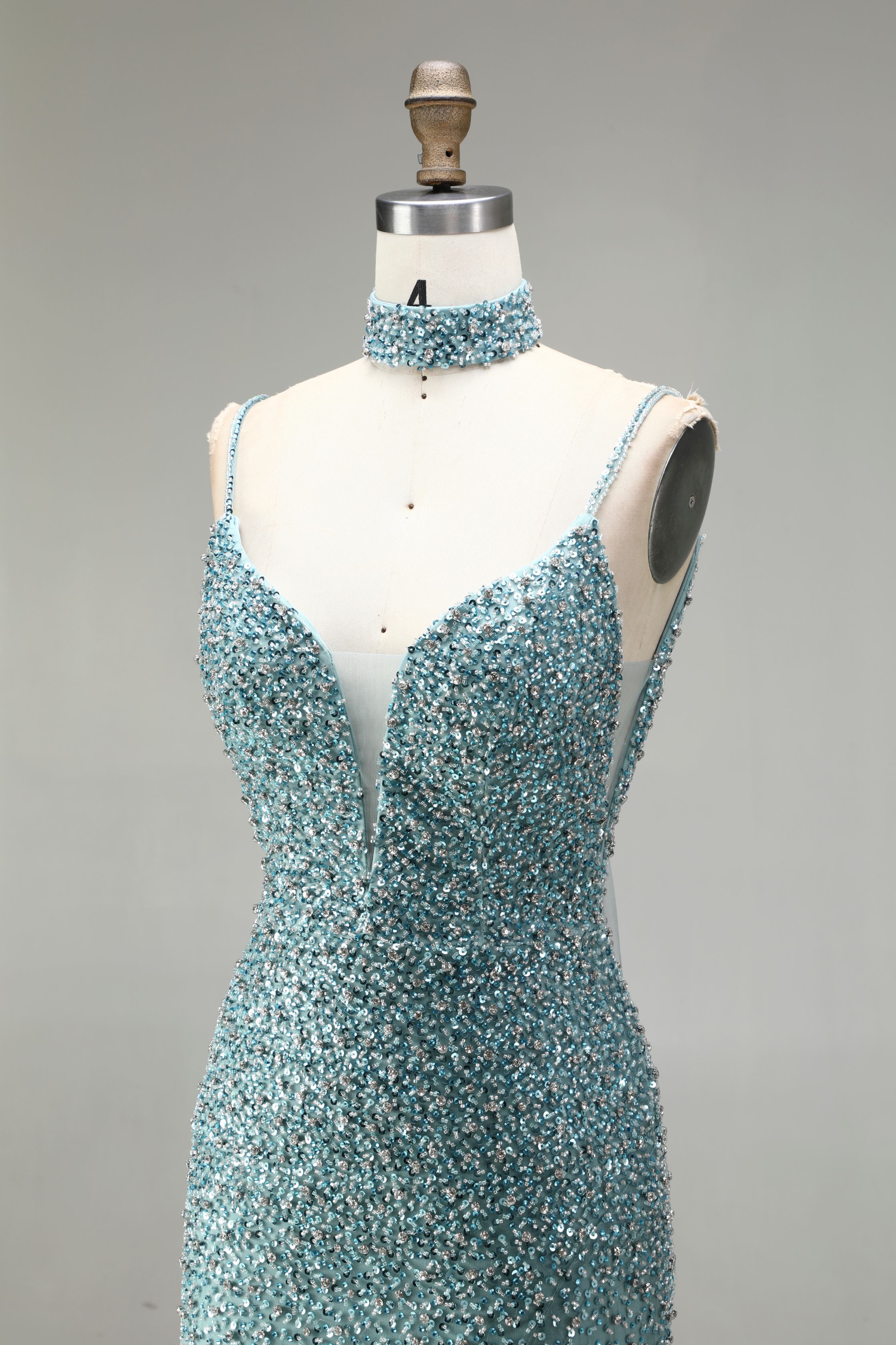 SPU- 608S40LF003 Teal Beaded Slit Mermaid Prom Dress