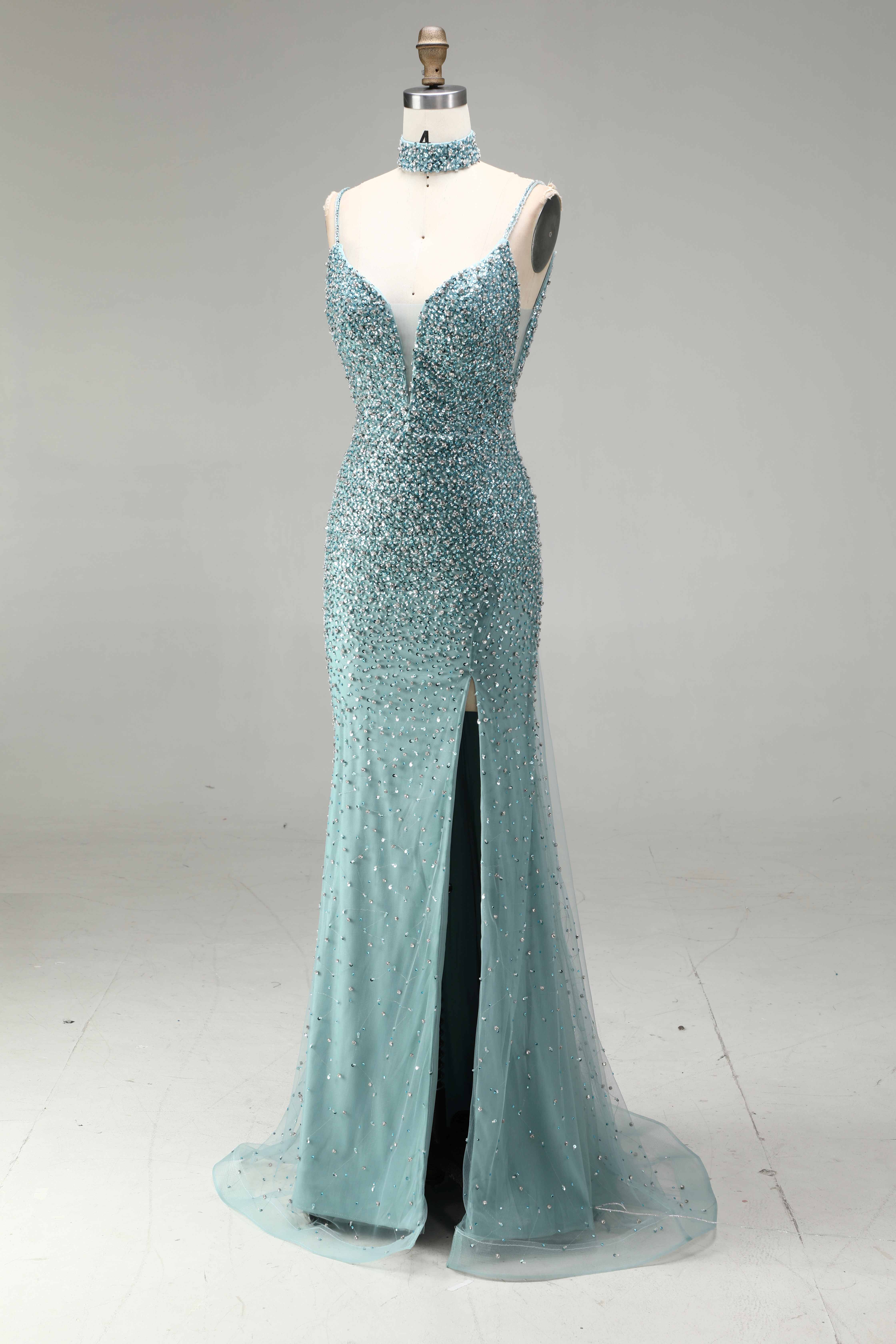 SPU- 608S40LF003 Teal Beaded Slit Mermaid Prom Dress