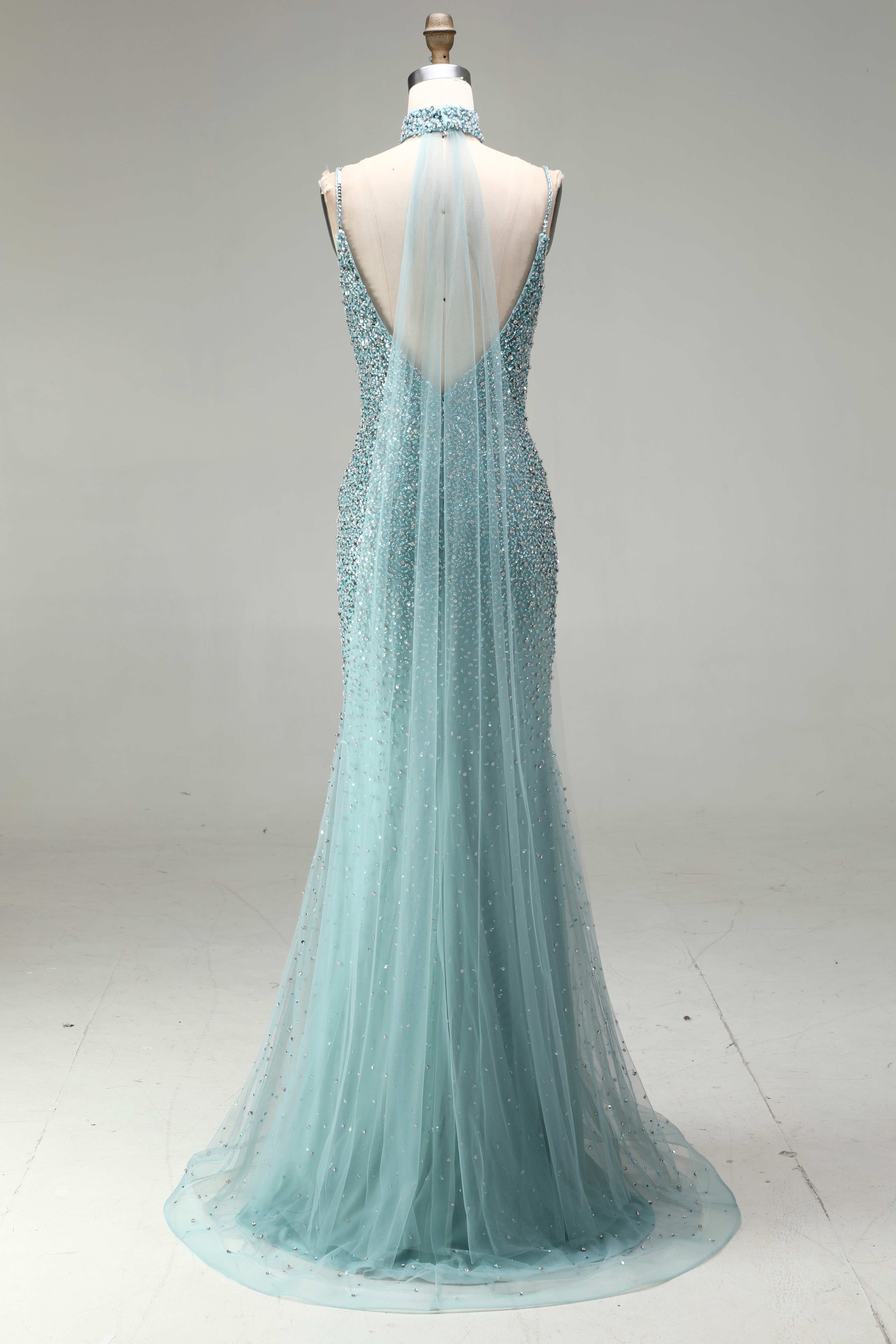 SPU- 608S40LF003 Teal Beaded Slit Mermaid Prom Dress
