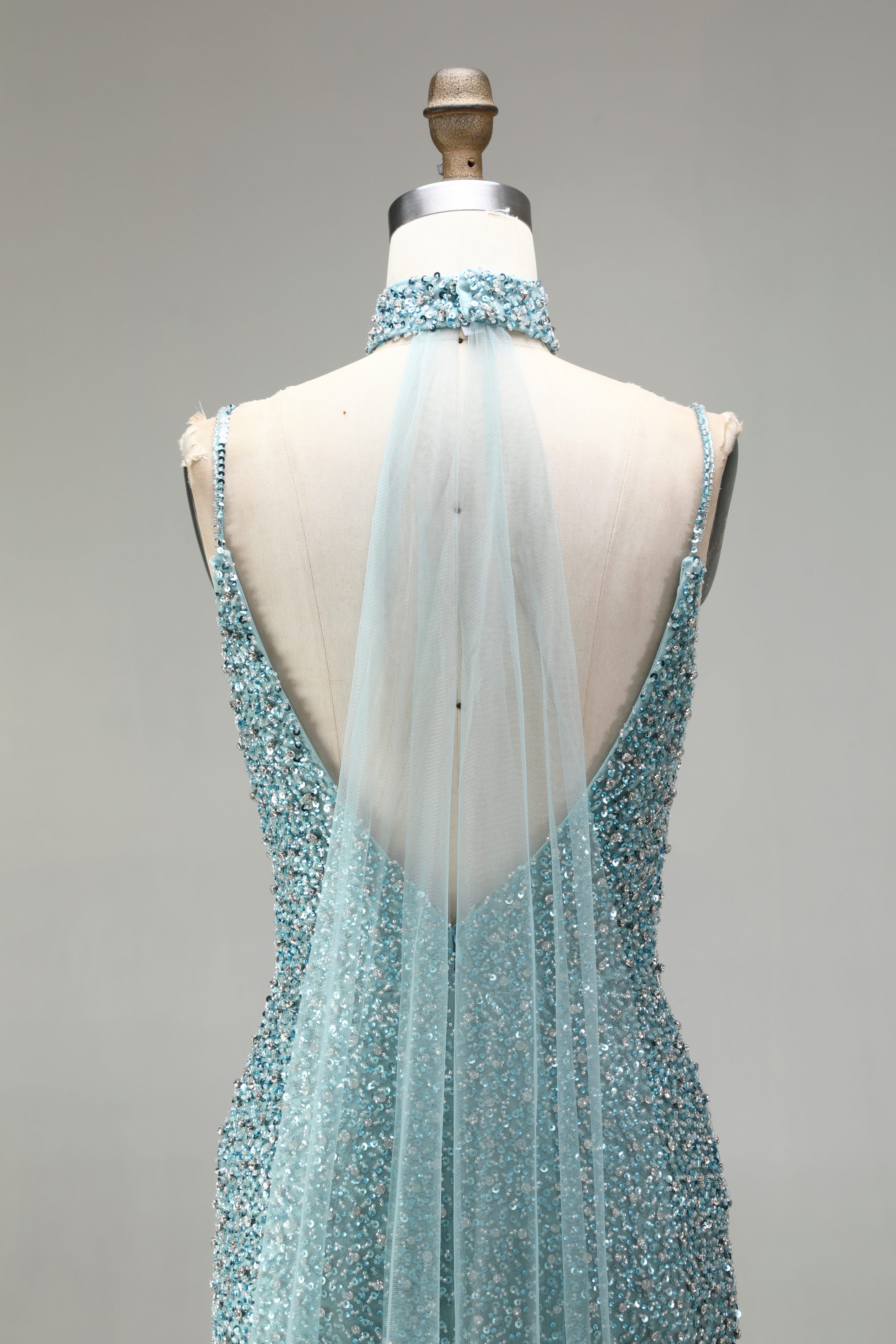 SPU- 608S40LF003 Teal Beaded Slit Mermaid Prom Dress
