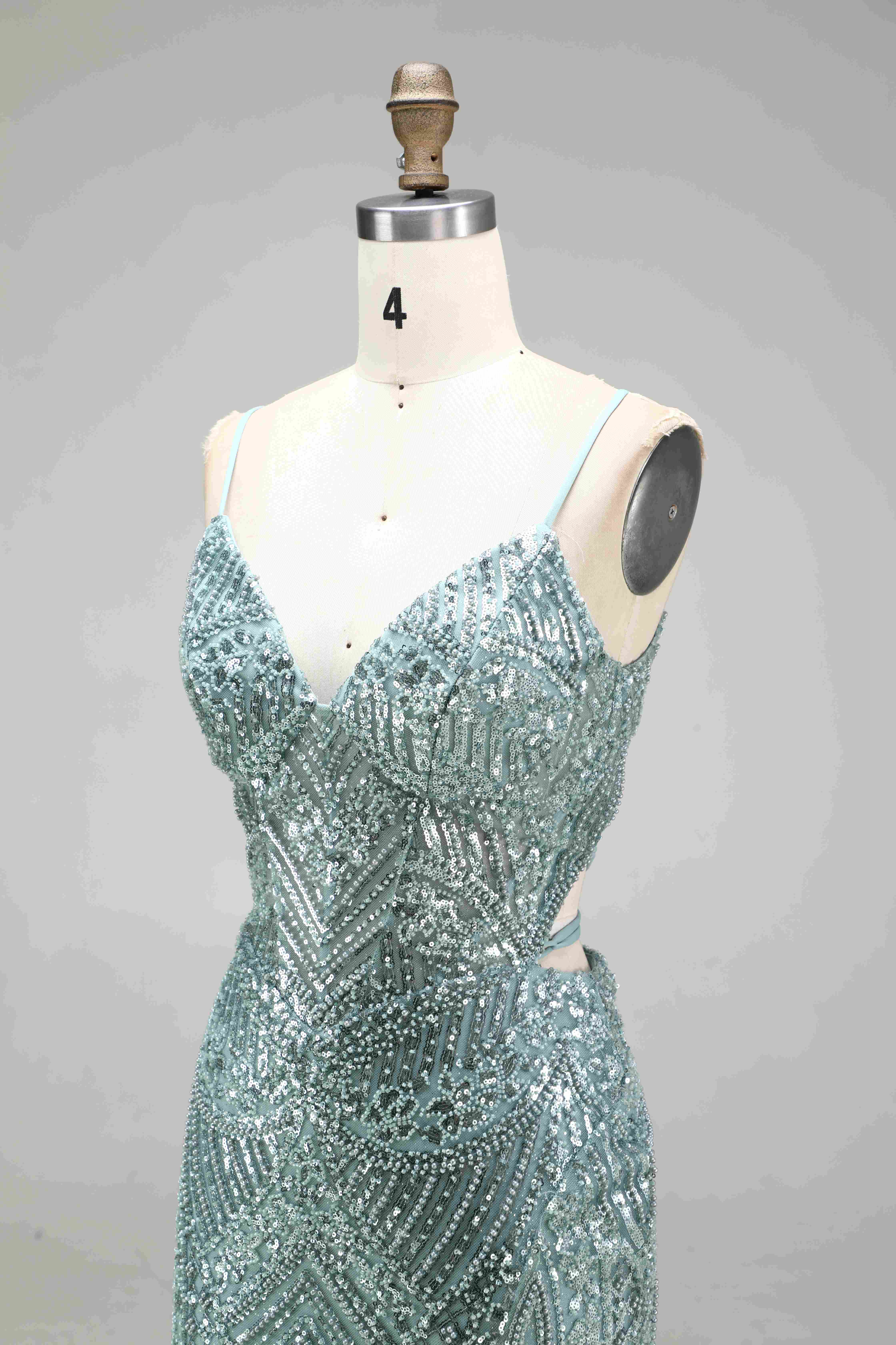 SPU - 608S40LF006 Sage Green Beaded Slit Spaghetti Strap Gown