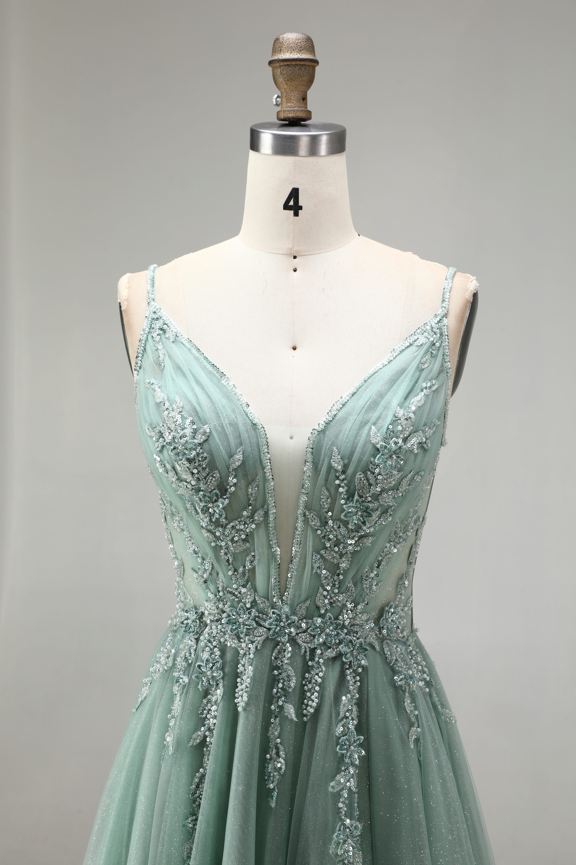SPU - 608S20LF004 Sage Green Lace A‑Line Tulle Prom Dress