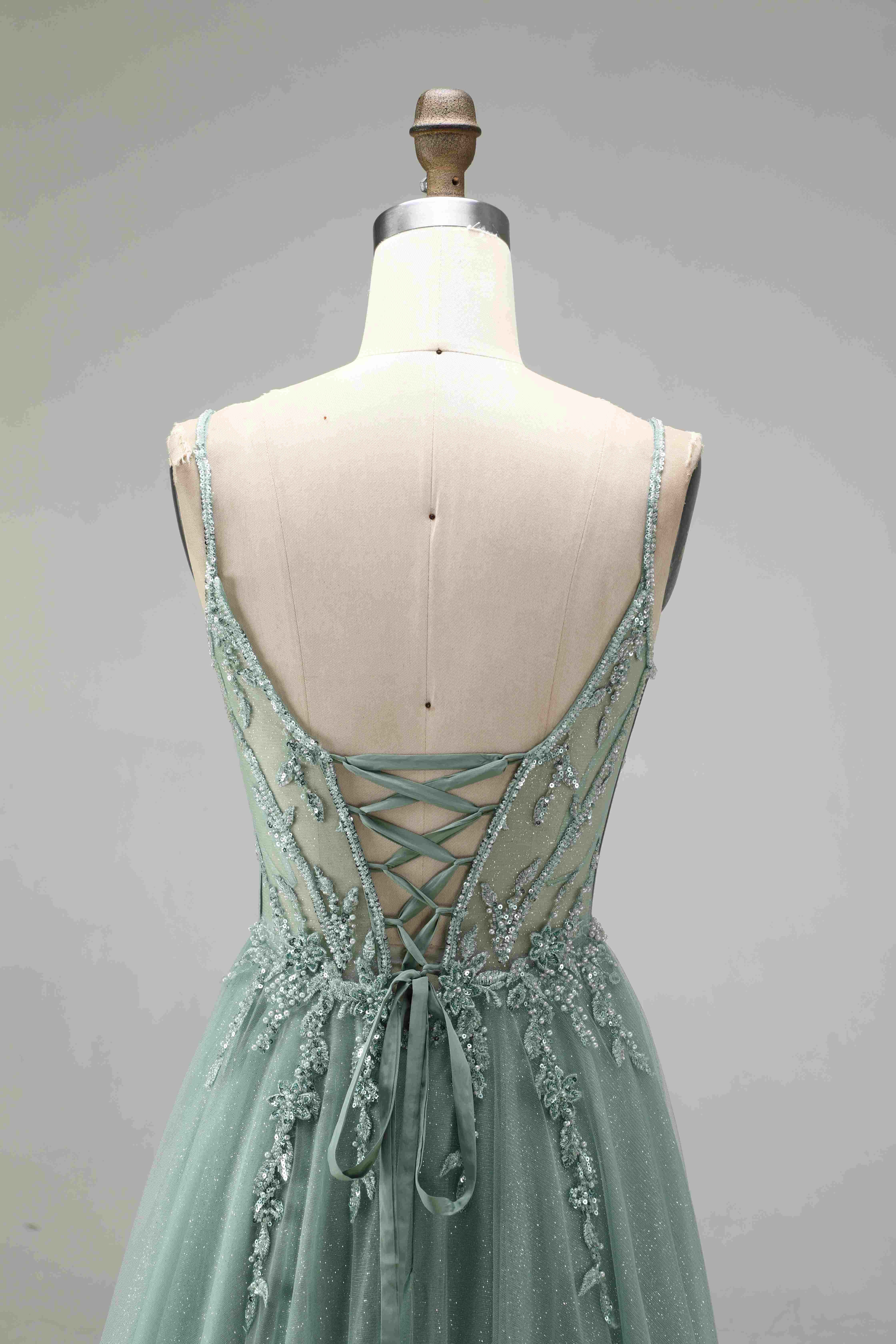 SPU - 608S20LF004 Sage Green Lace A‑Line Tulle Prom Dress