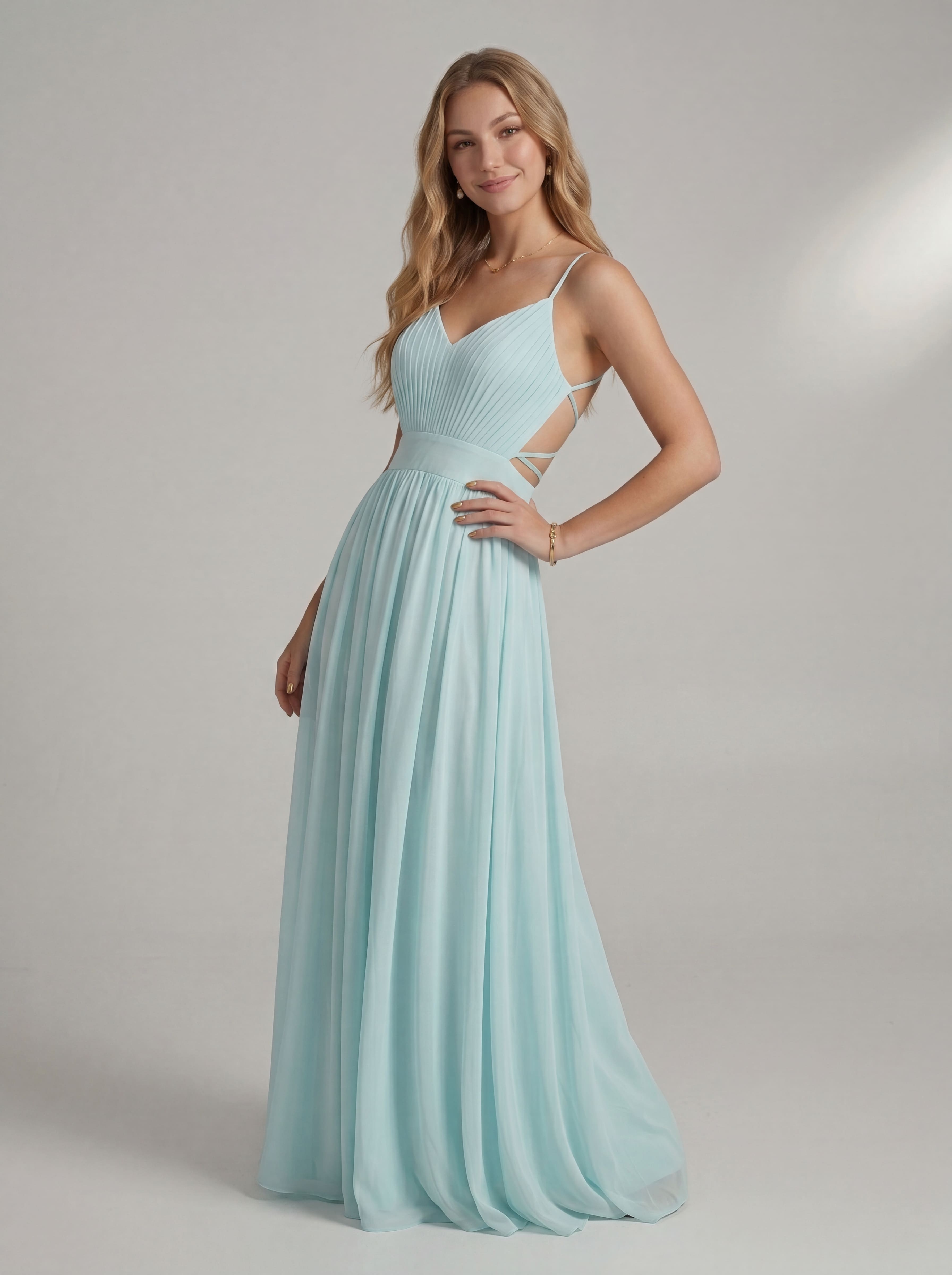 Ethereal Light Blue Chiffon Maxi Dress | V-Neck Pleated Bridesmaid & Prom Gown with Lace-Up Open Back